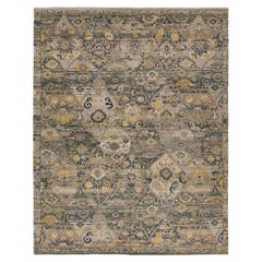 Transitional Wool Area Rug - Hand-Knotted Oushak Pattern, Moss Green & Gold