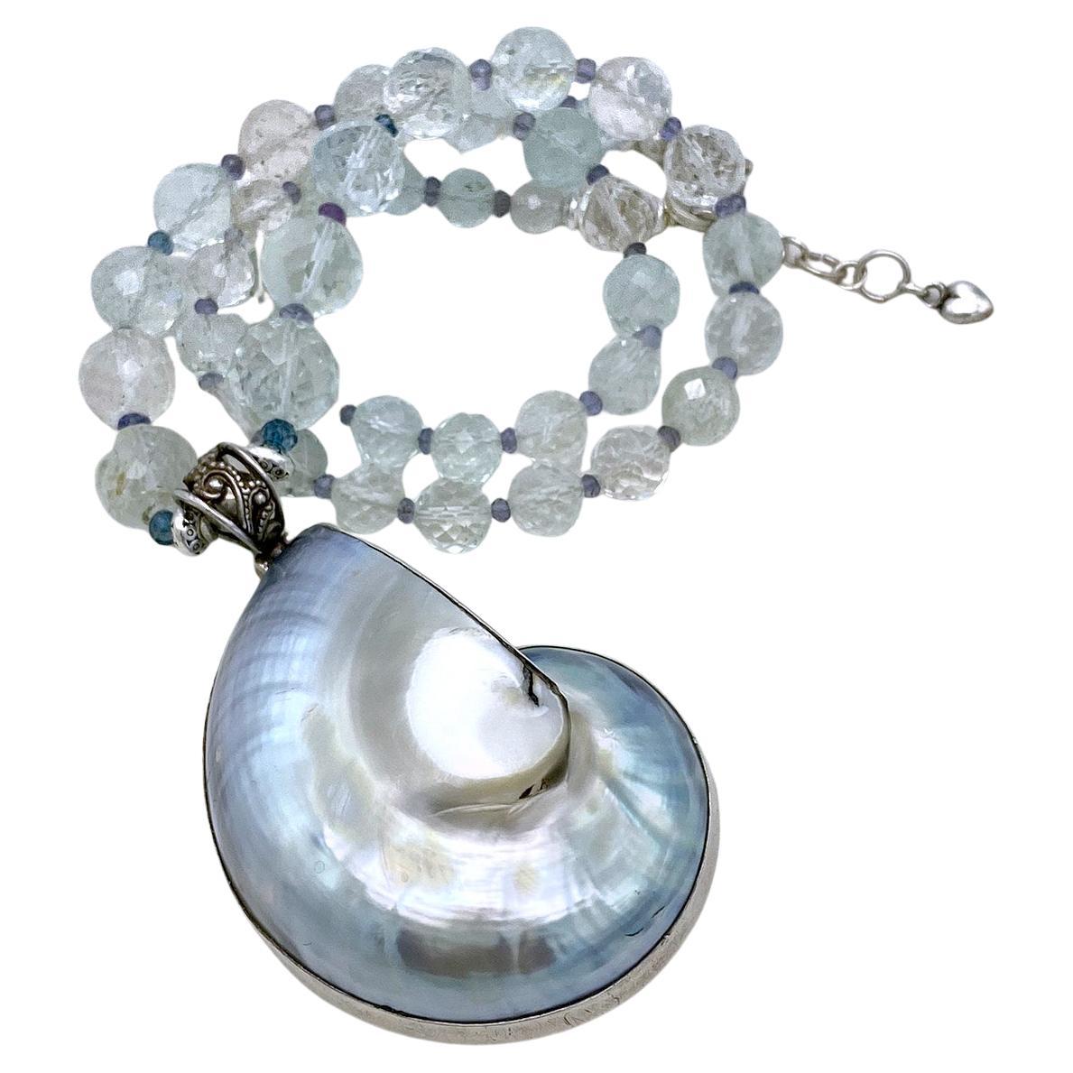 Artigiano Collana di Acquamarina traslucida e Iolite con ciondolo Ammonoidea in vendita