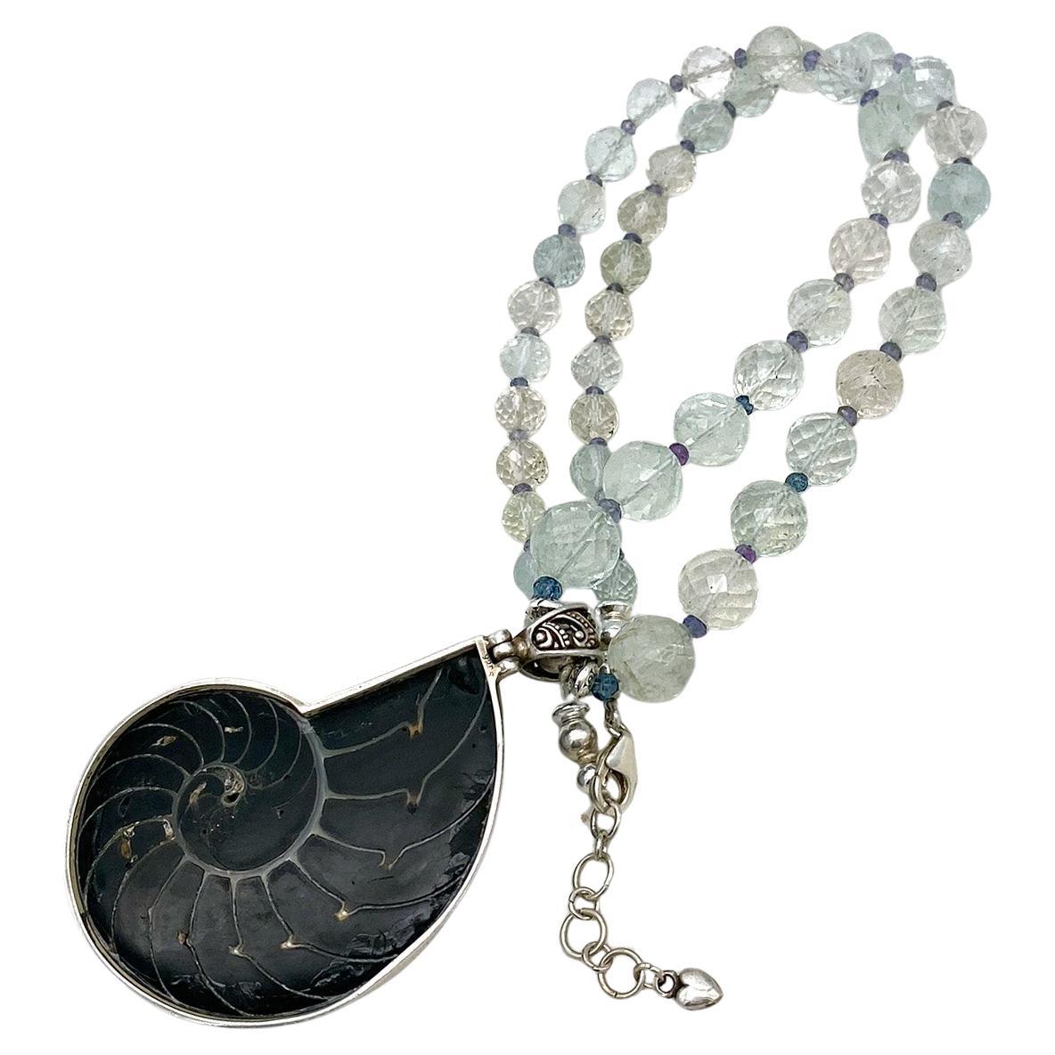 Collana di Acquamarina traslucida e Iolite con ciondolo Ammonoidea in vendita 1