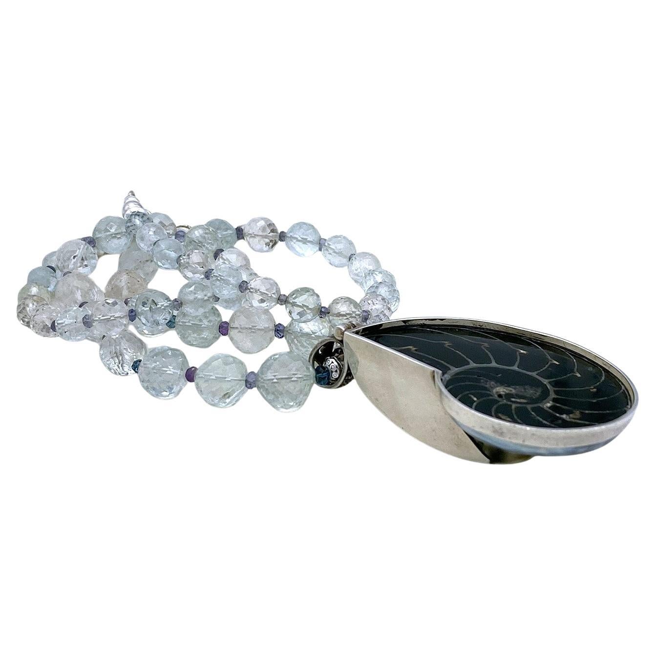 Collana di Acquamarina traslucida e Iolite con ciondolo Ammonoidea in vendita 2