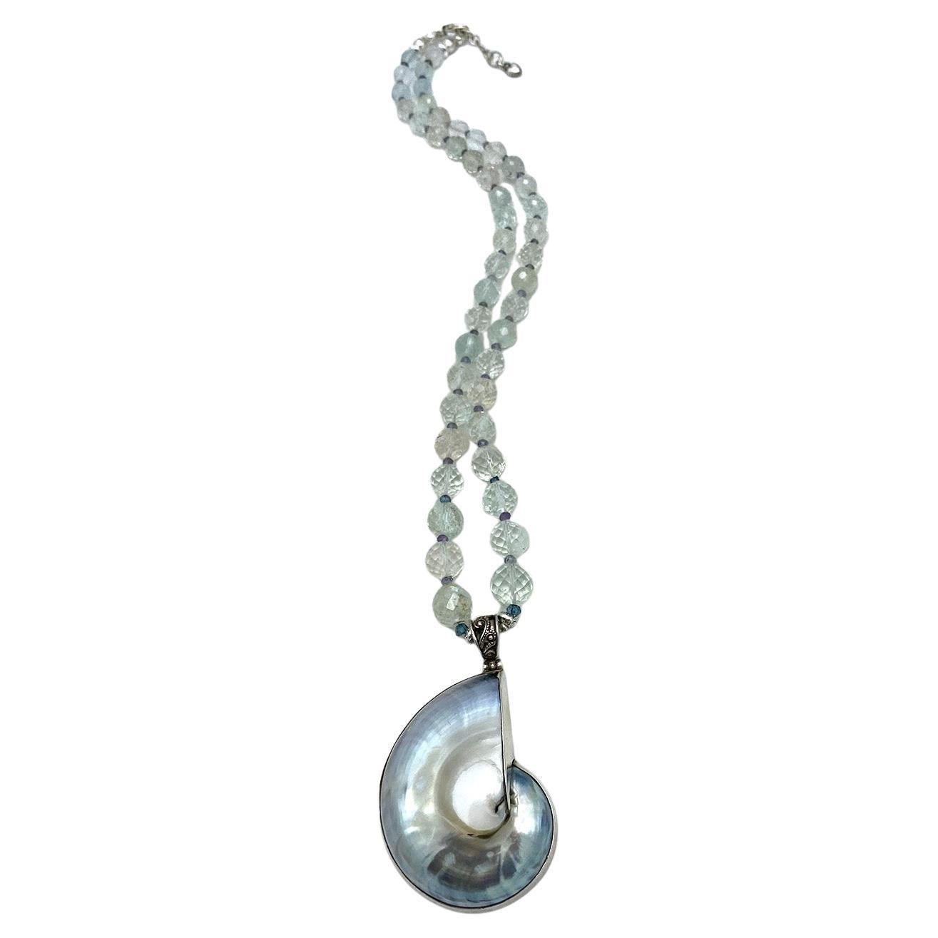 Collana di Acquamarina traslucida e Iolite con ciondolo Ammonoidea in vendita