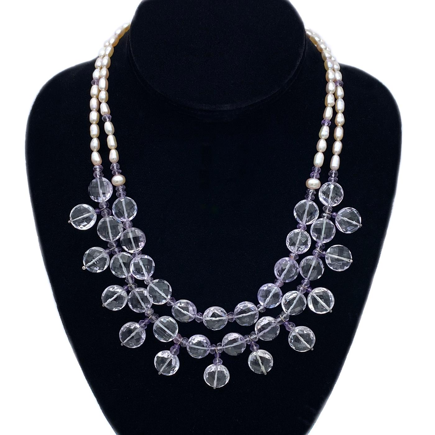 This is a double strand necklace we created with 13-14 mm faceted translucent pink amethyst coin shaped beads, 2-5 mm faceted amethyst round beads and pink-peach tone freshwater rice pearls, plus 14K rose gold filled components and a lobster clasp