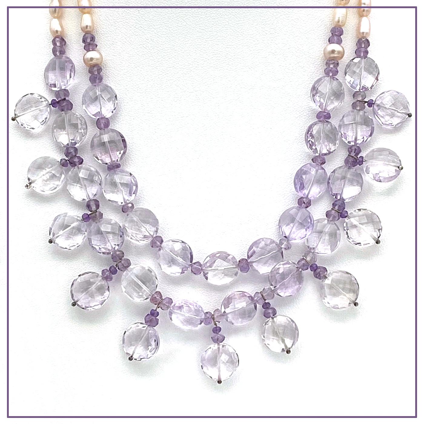 Translucent Amethyst, Pearl and 14K Rose Gold-Filled Double Strand Necklace en vente 2