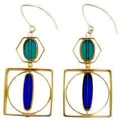 Transluzente blaue und grüne deutsche Vintage-Glasperlen, Art Deco 2417E-Ohrringe