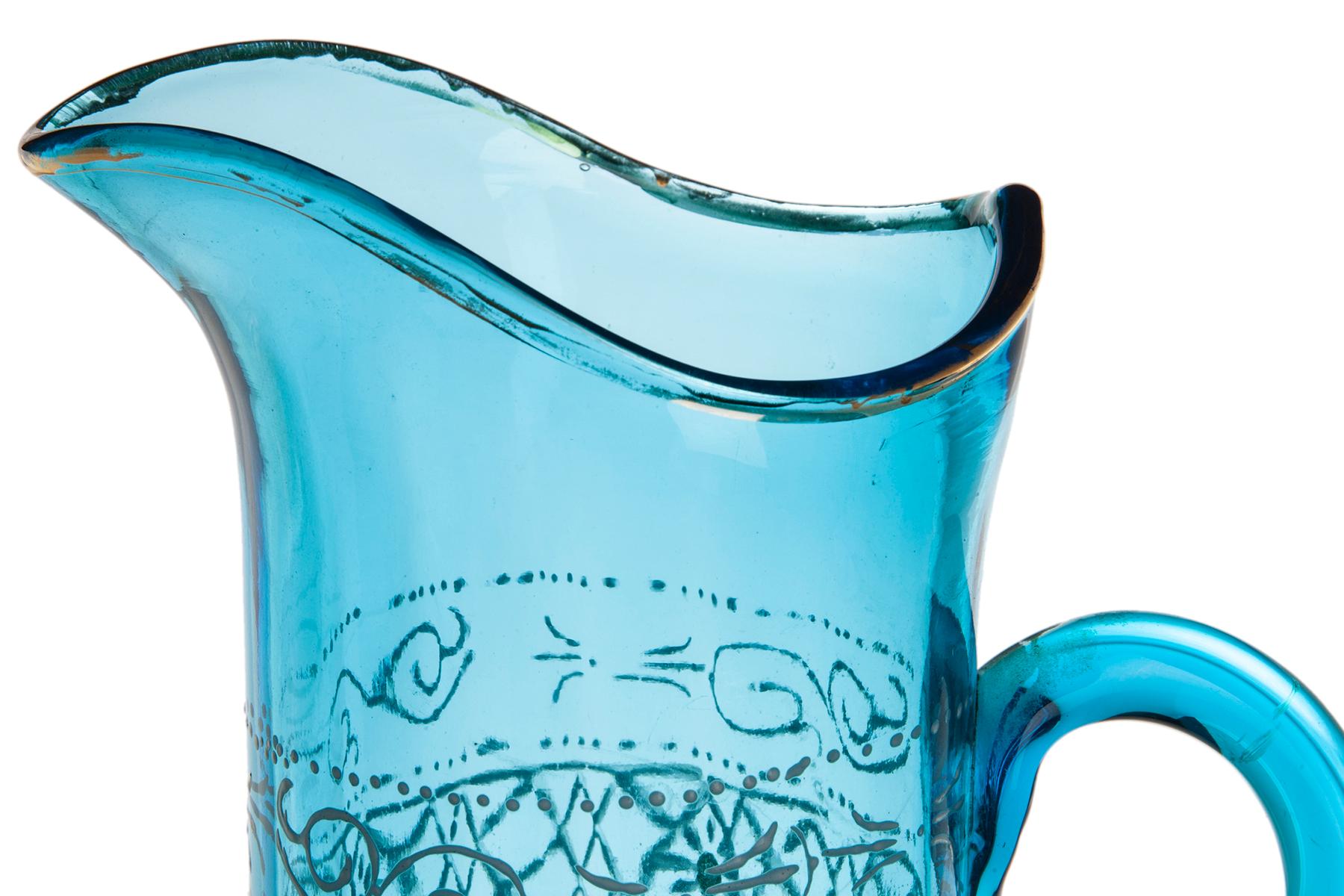 Translucent Blue Hand Blown Enameled Glass Pitcher/Tankard In Good Condition For Sale In Malibu, CA