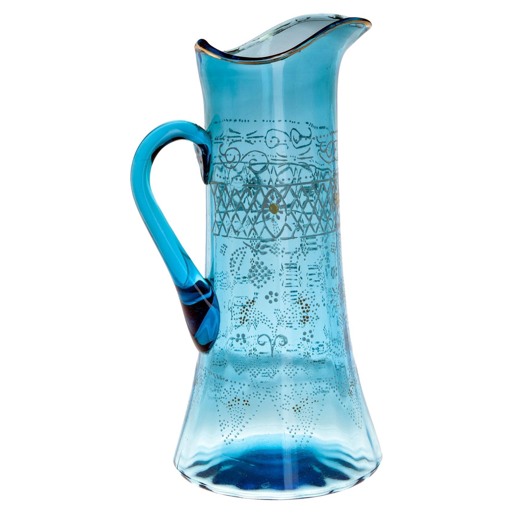 Translucent Blue Hand Blown Enameled Glass Pitcher/Tankard For Sale