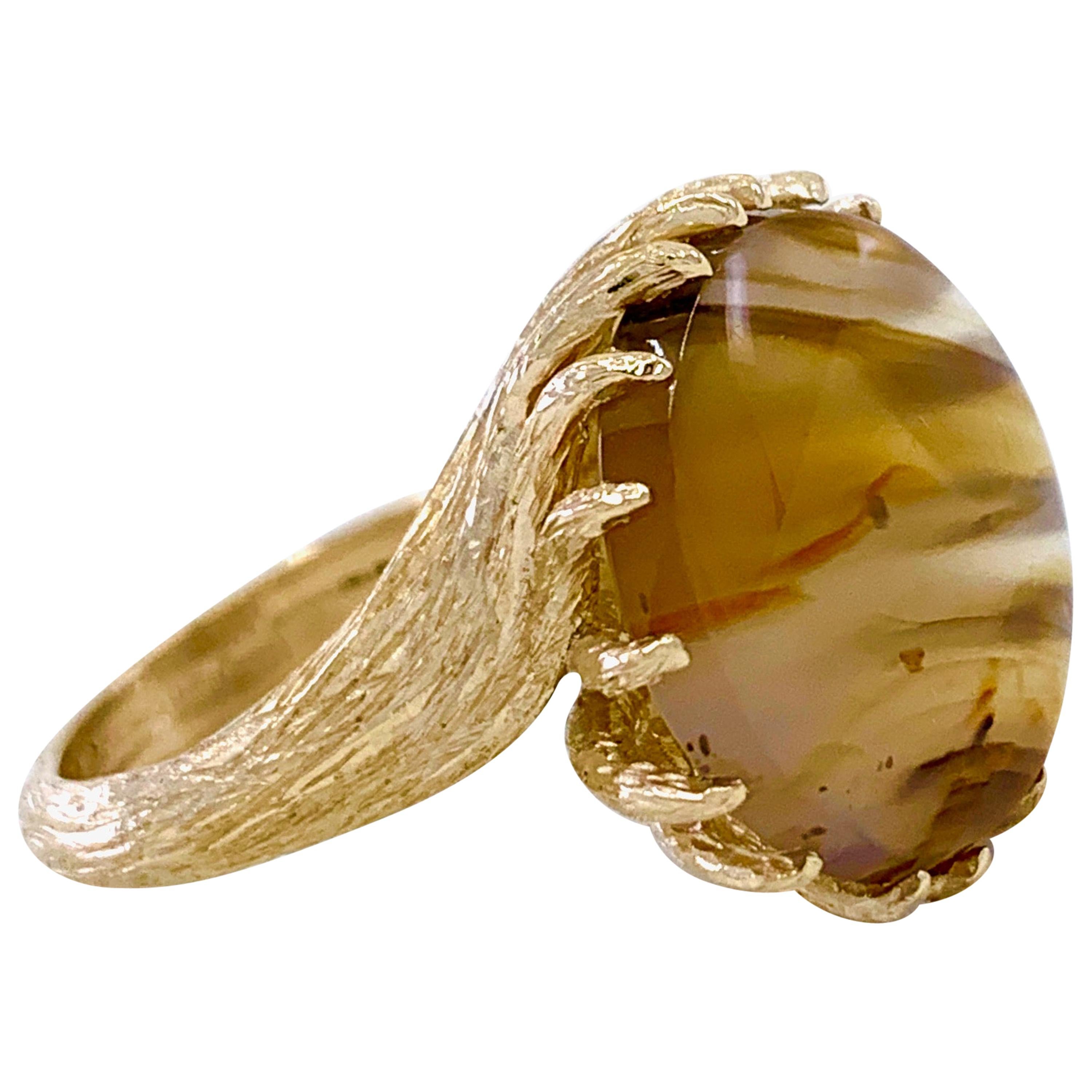 Translucent Brown Agate Cocktail Ring in Textured Yellow Gold