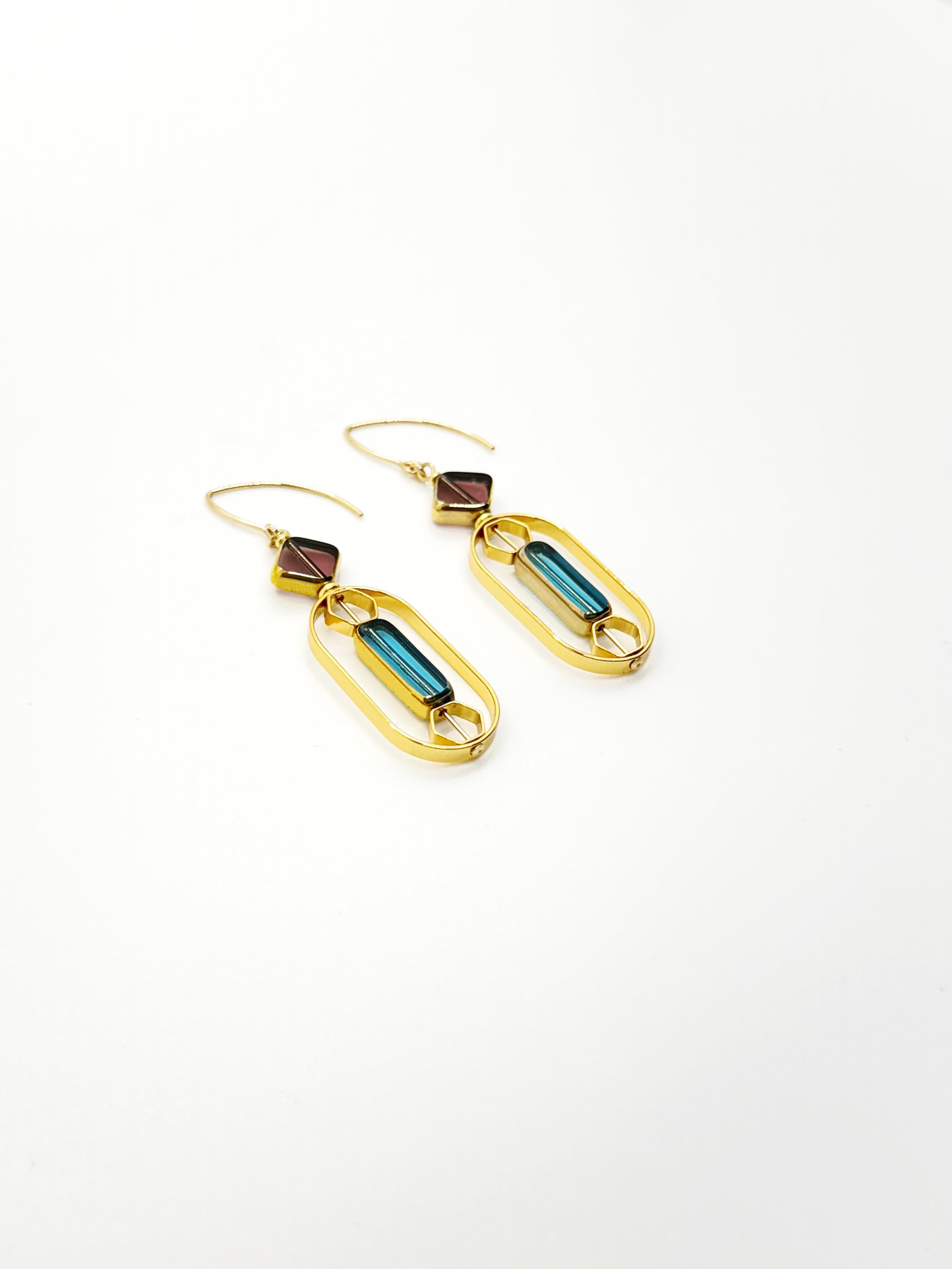 Translucent Burgundy And Light Blue Art Deco 2416E Earrings In New Condition For Sale In Monrovia, CA