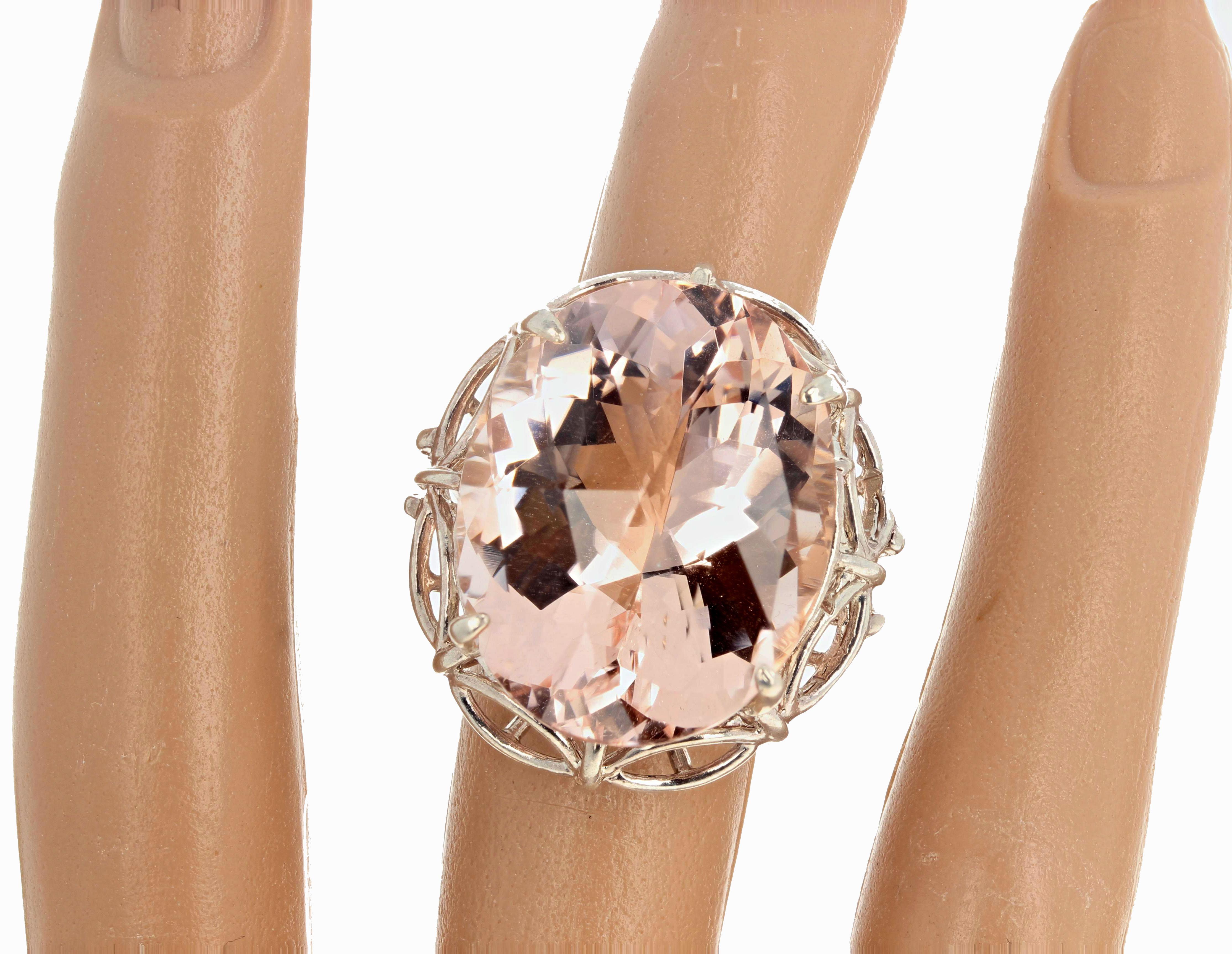 Unique Brilliant glittering clear beautiful huge natural 30 carat Morganite (24 mm x 19 mm) set in a sterling silver handmade ring size 6 (sizable).  There are no eye visible inclusions in this translucent pinky gemstone.  This goes perfectly with