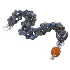 Double Strand Labradorite Necklace with CZ Dragon and Bakelite Pendant