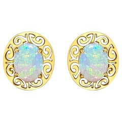 Translucent Oval Opal Studs with Greek Bezel Frame 14k Yellow Gold