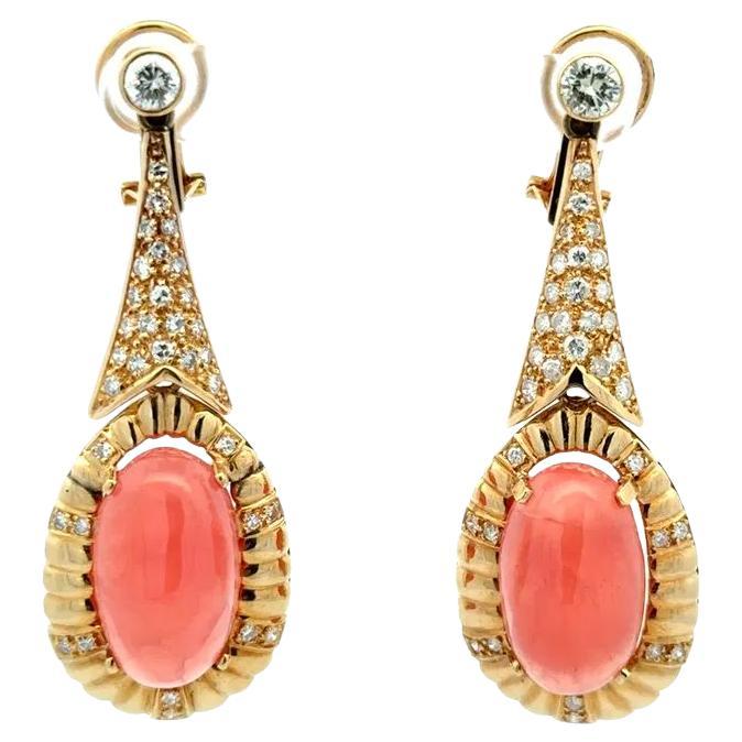 Translucent Rhodochrosite and Diamond Gold Statement Drop Statement Earrings