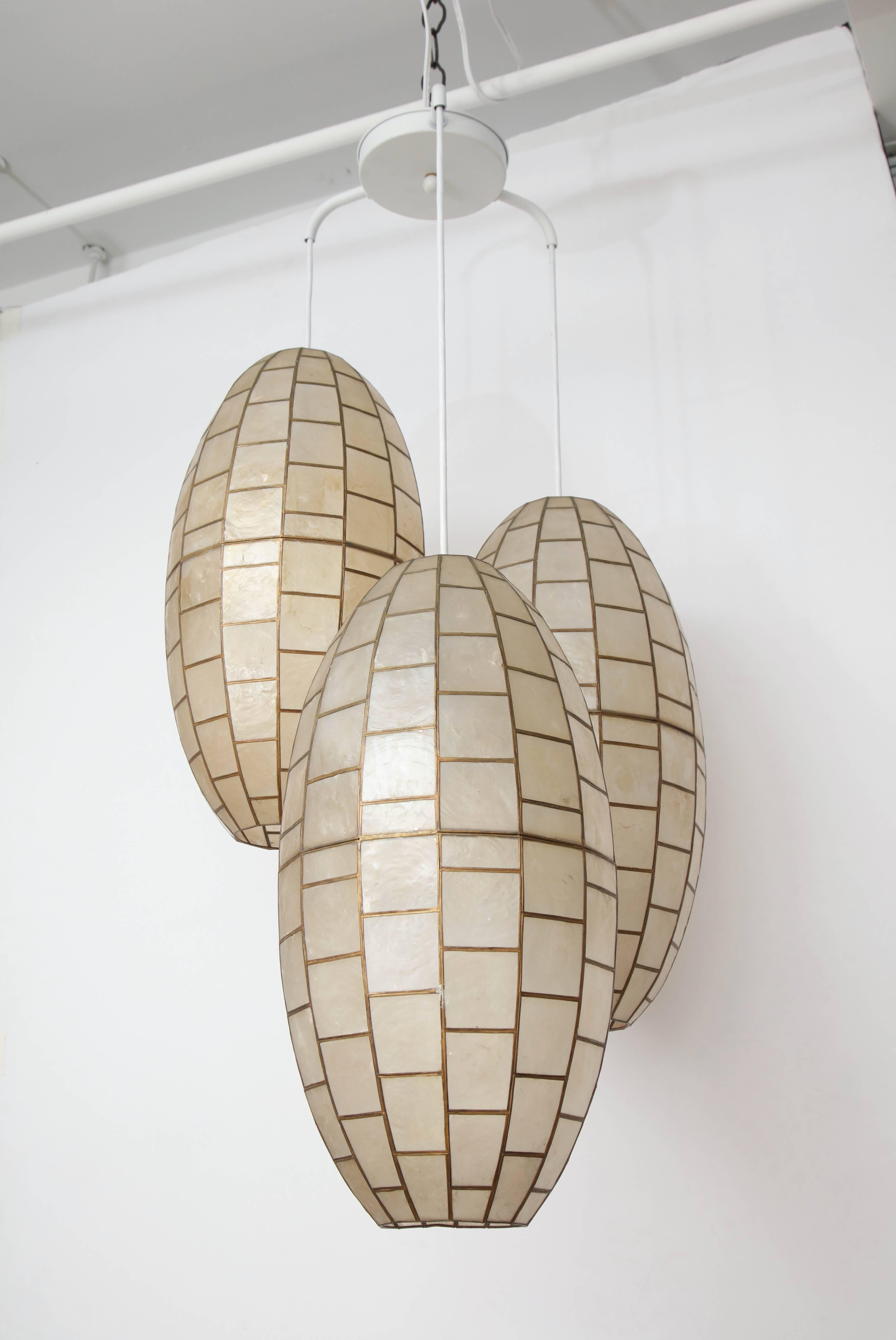 Translucent shell and metal chandelier with three oval fixtures.