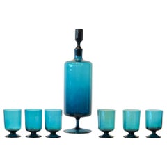 Translucent Teal Blue Blown Glass Decanter w/ Stopper & S/6 Petite Stem Glasses