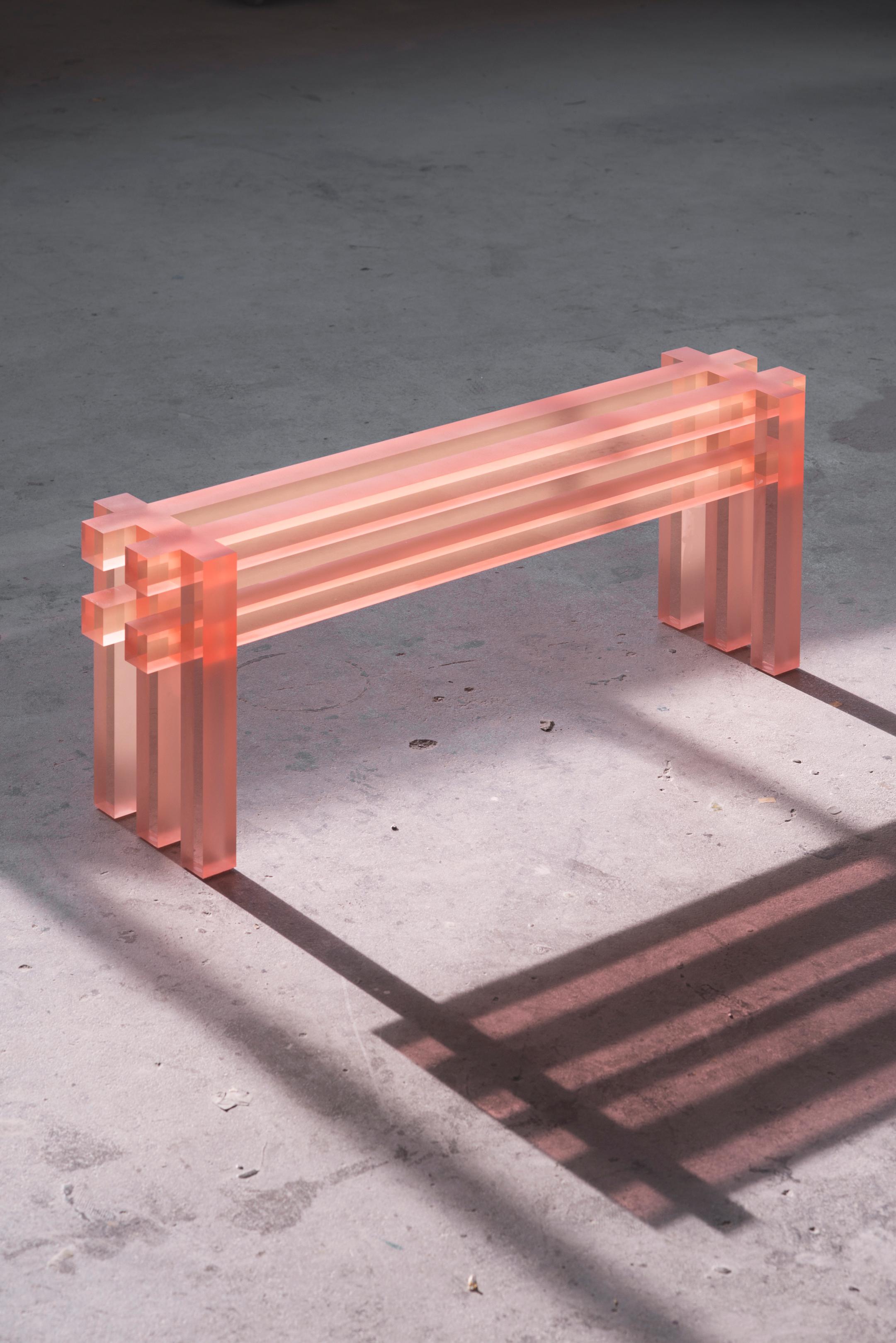 Translucid bench by Laurids Gallée
Dimensions: W 125 x D 25 x H 45 cm
Materials: Resin
Weight: 42 kg

Born in Austria in 1988, Laurids Gallée is based in Rotterdam. After studying Anthropology in Vienna, he moves to the Netherlands, where he