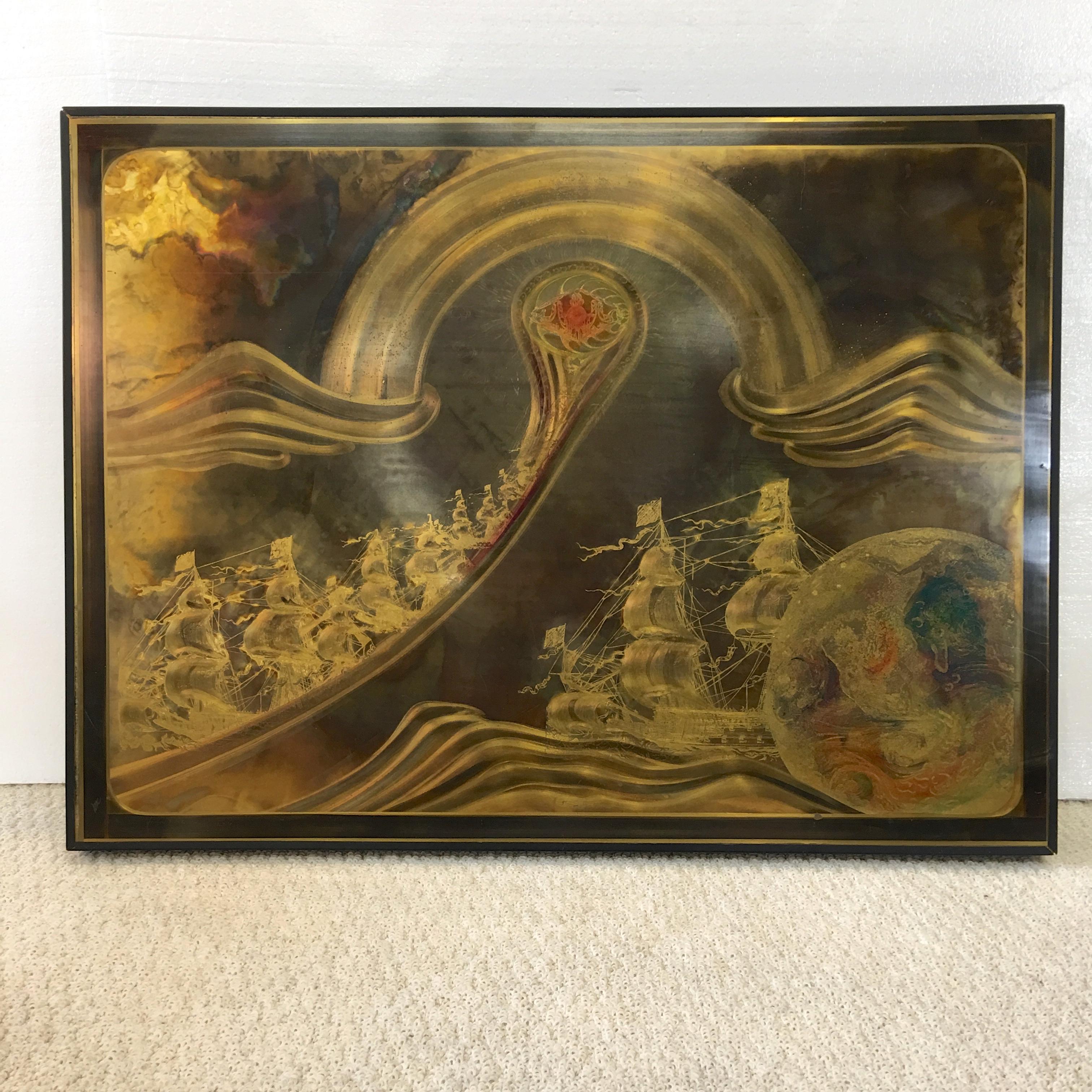 Framed acid etched brass panel by Bernhard Rohne. 32 inches wide by 24 inches high. Signed and dated lower left 