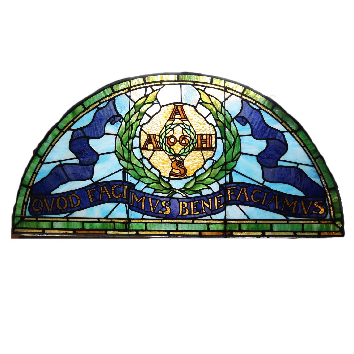 Transom Leaded Glass Window, New York, "AAHS What You Do, Do Well", circa 1806
