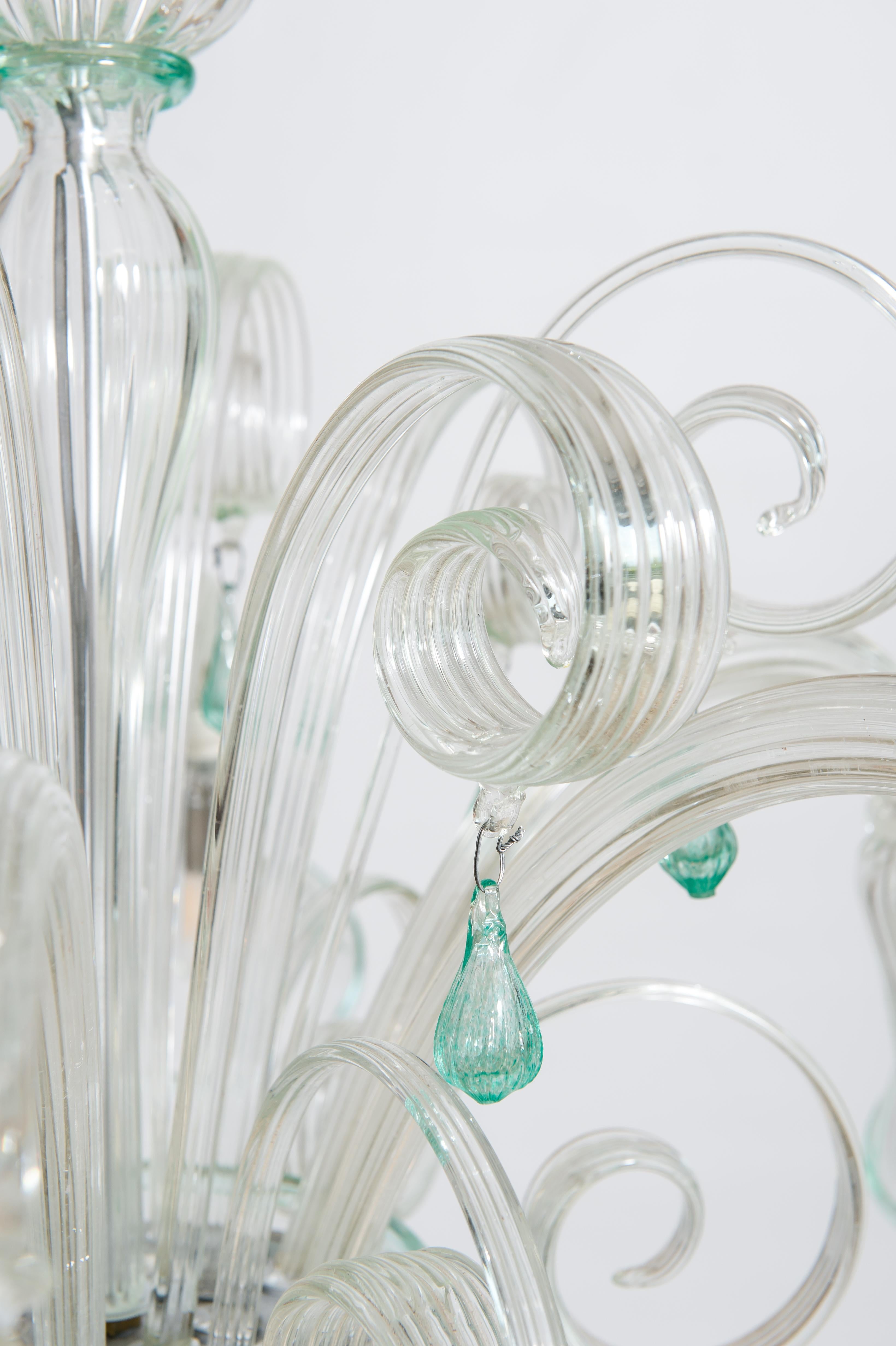 Transparent and Green Bluebell Chandelier in Murano Glass, Italy For Sale 4