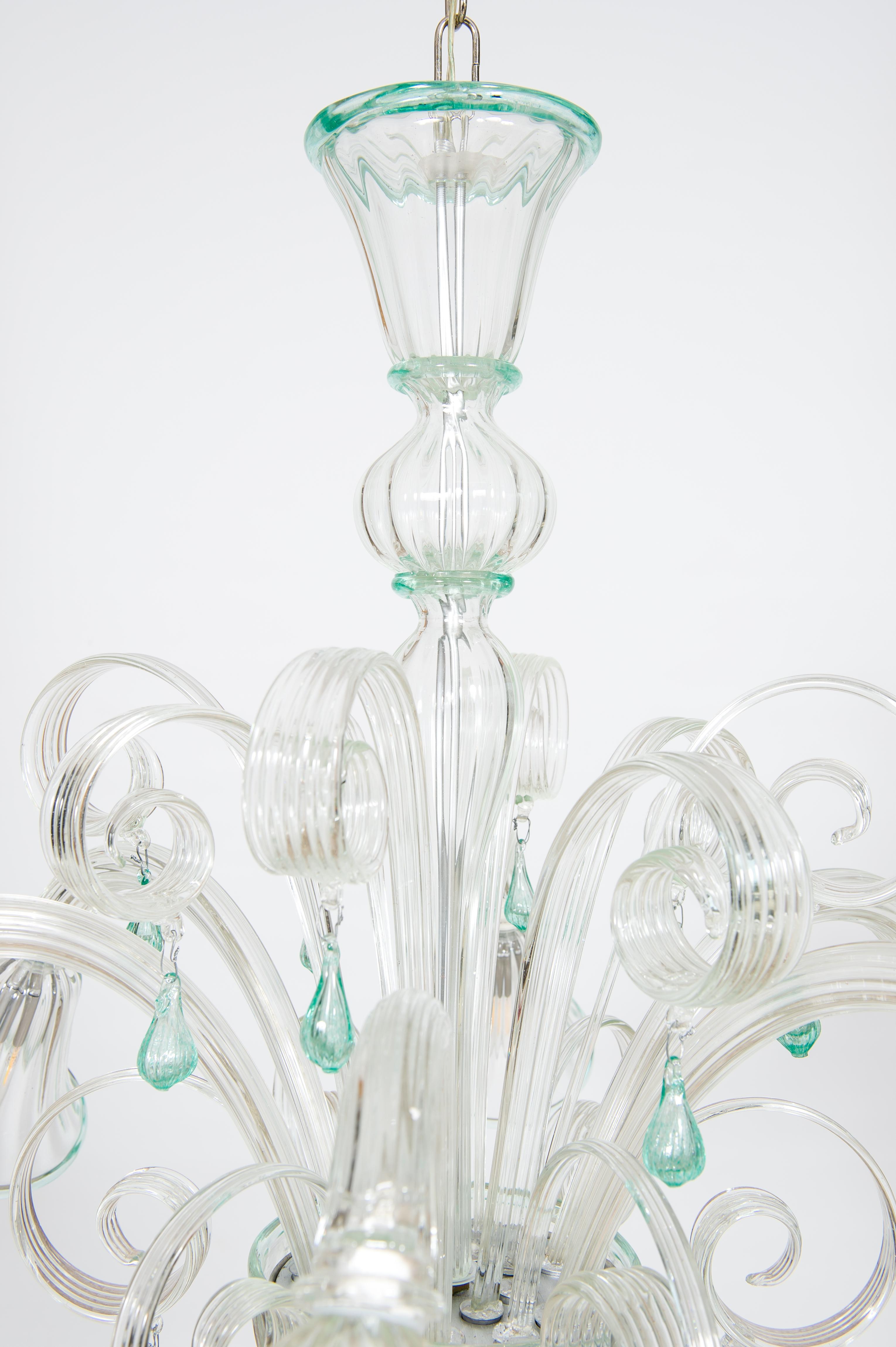 Transparent and Green Bluebell Chandelier in Murano Glass, Italy For Sale 5