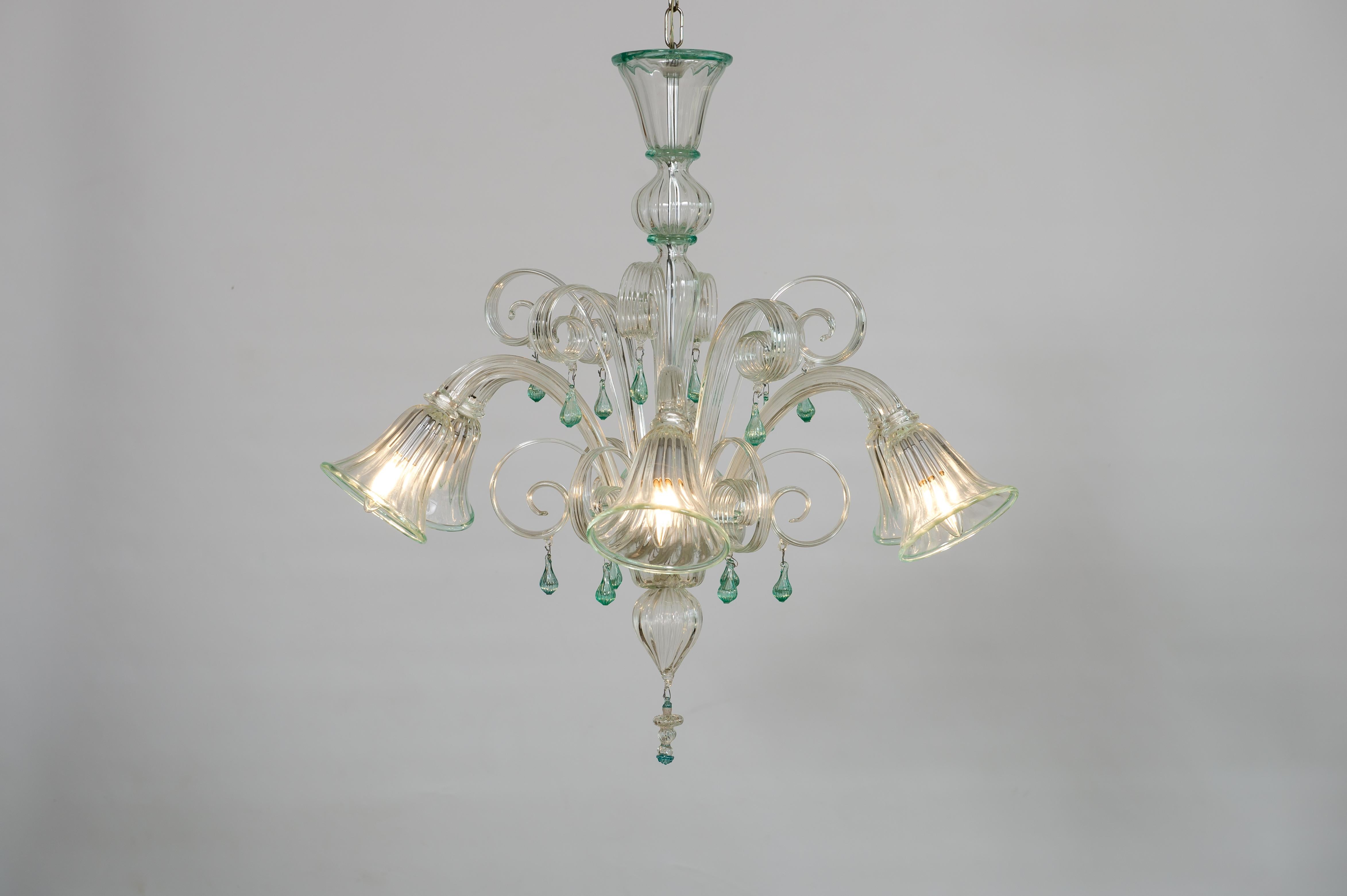 Transparent and Green Bluebell Chandelier in Murano Glass, Italy For Sale 9