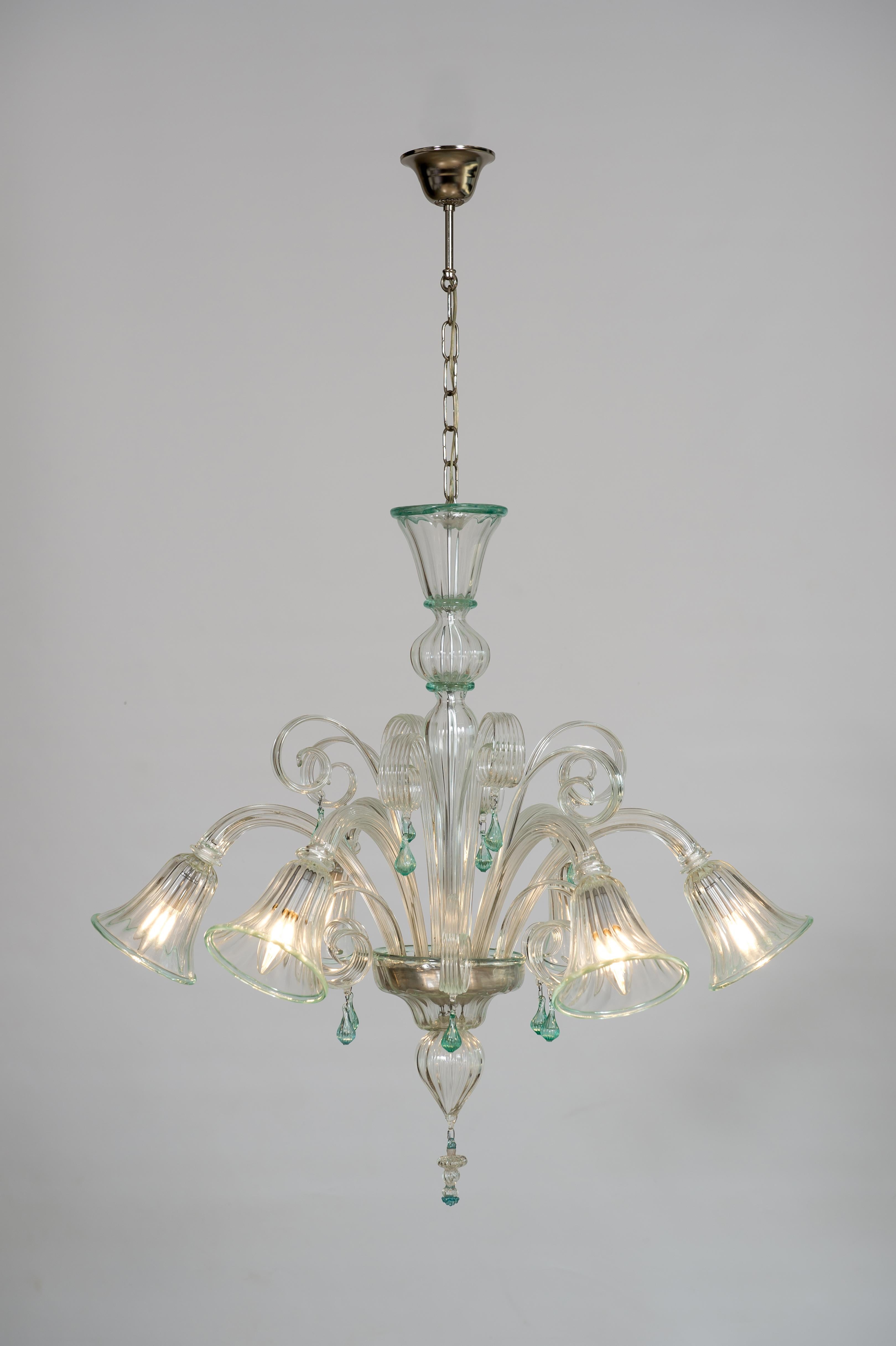 Transparent and Green Bluebell Chandelier in Murano Glass, Italy For Sale 12