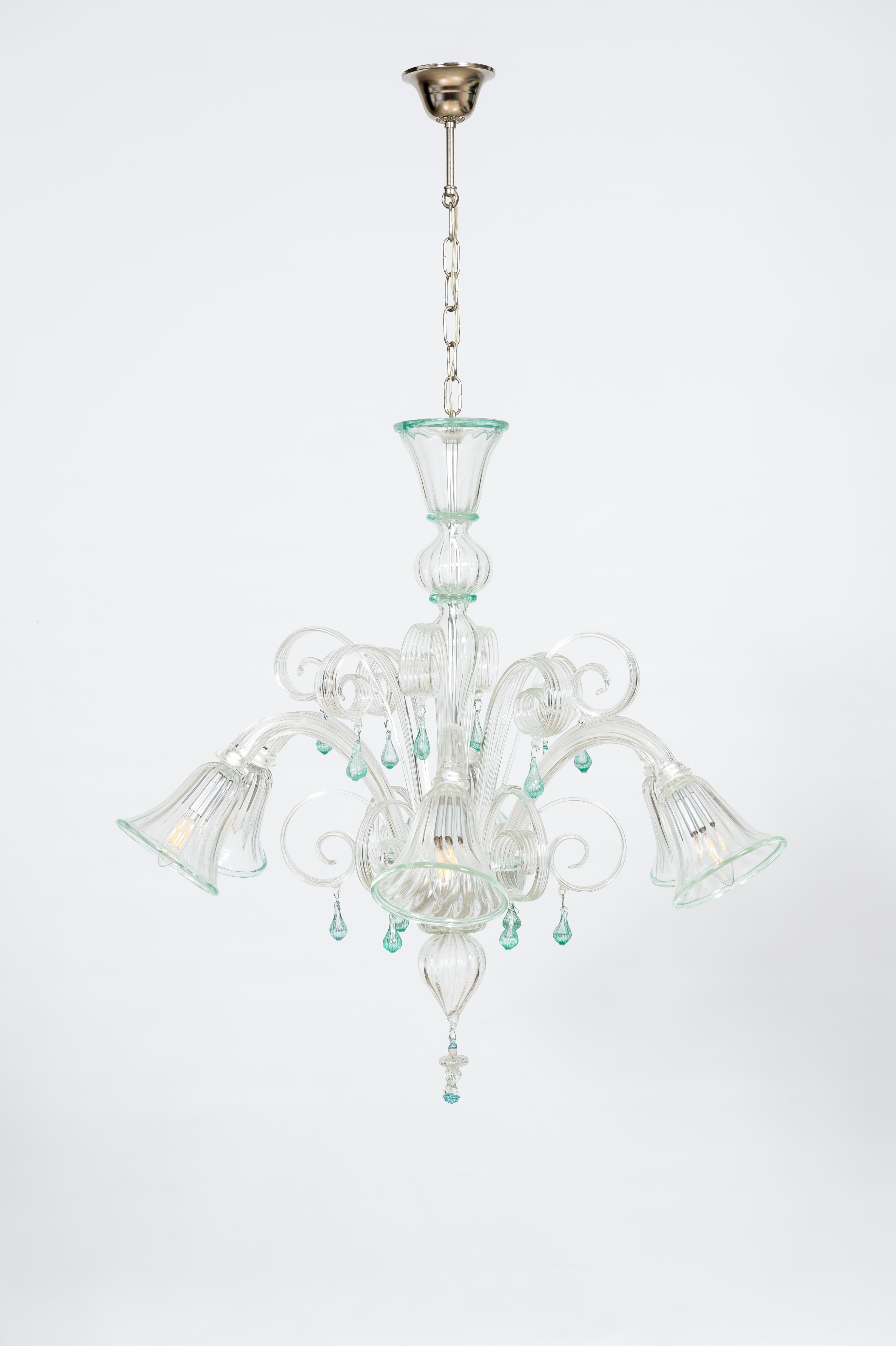 Modern Transparent and Green Bluebell Chandelier in Murano Glass, Italy For Sale