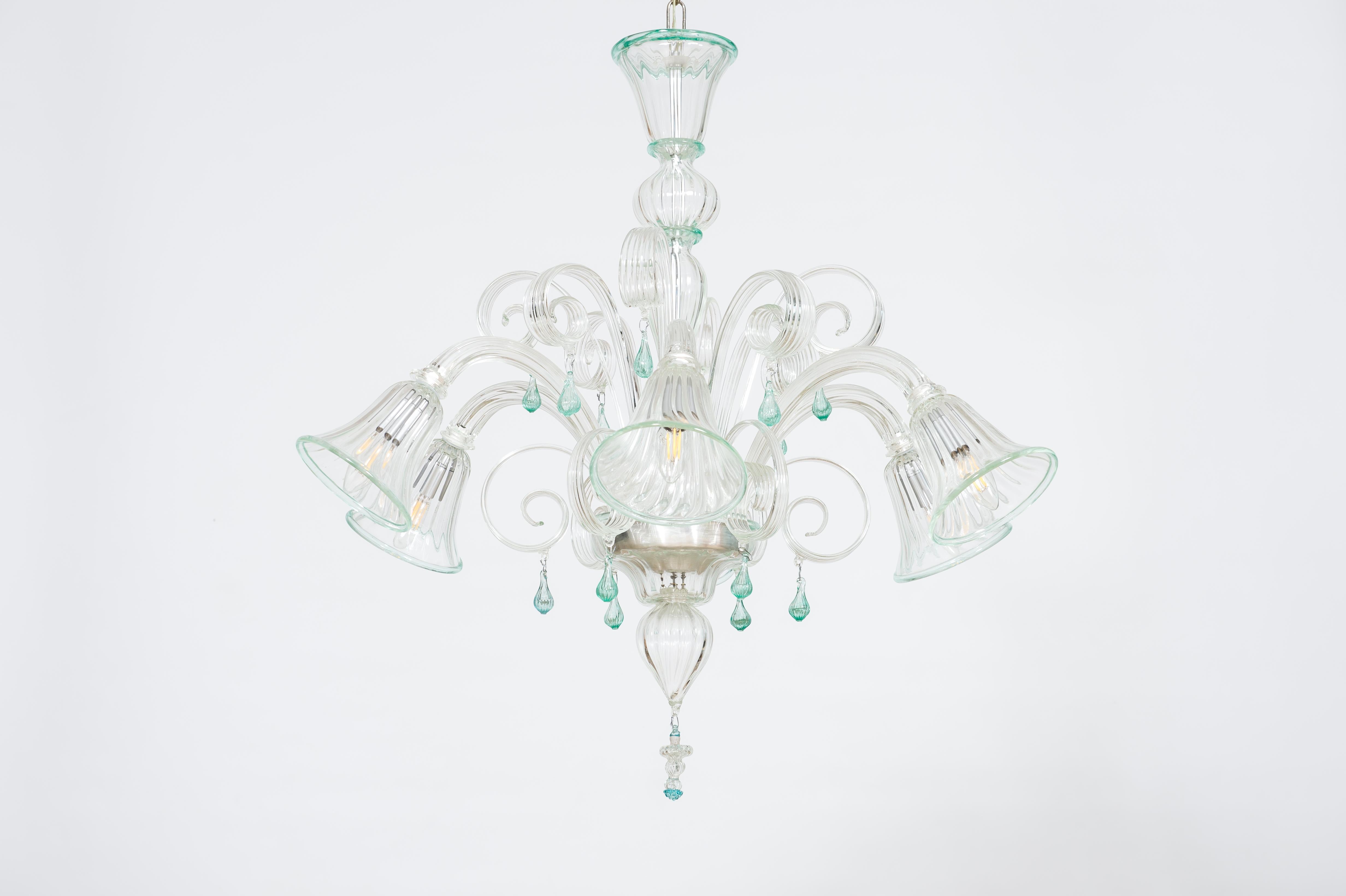 Hand-Crafted Transparent and Green Bluebell Chandelier in Murano Glass, Italy For Sale