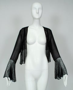 Transparent Black Silk Chiffon Bell Sleeve Bed Jacket Shrug, France - S, 1930s