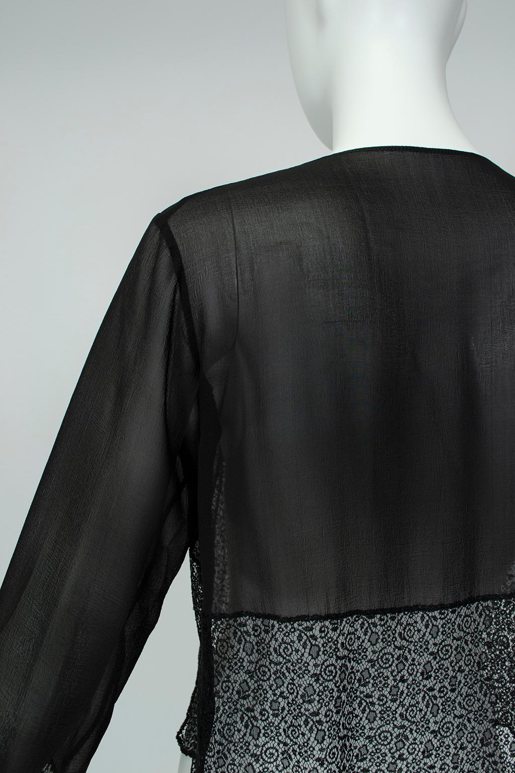 Transparent Black Silk Chiffon Bell Sleeve Bed Jacket Shrug, France - S, 1930s In Excellent Condition In Tucson, AZ