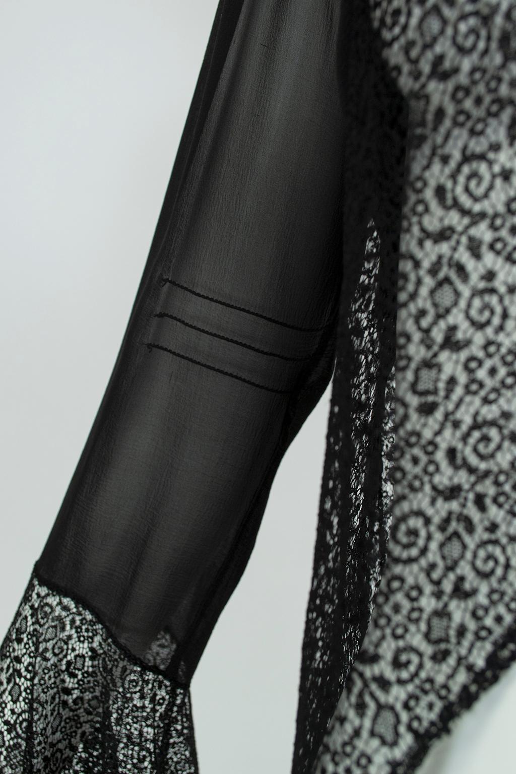 Transparent Black Silk Chiffon Bell Sleeve Bed Jacket Shrug, France - S, 1930s 3