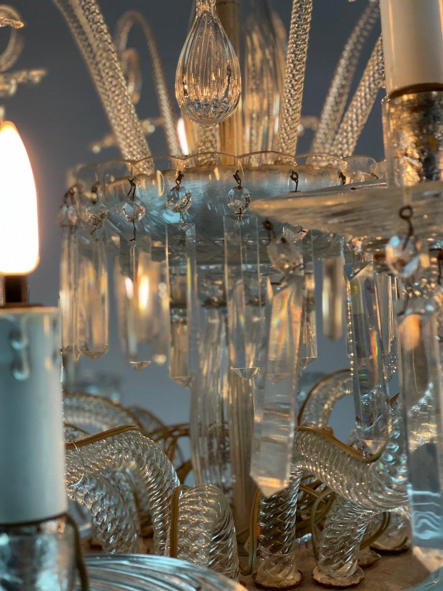 20ième siècle Lustre en verre soufflé transparent et pincé décoré de cristaux, Autriche en vente