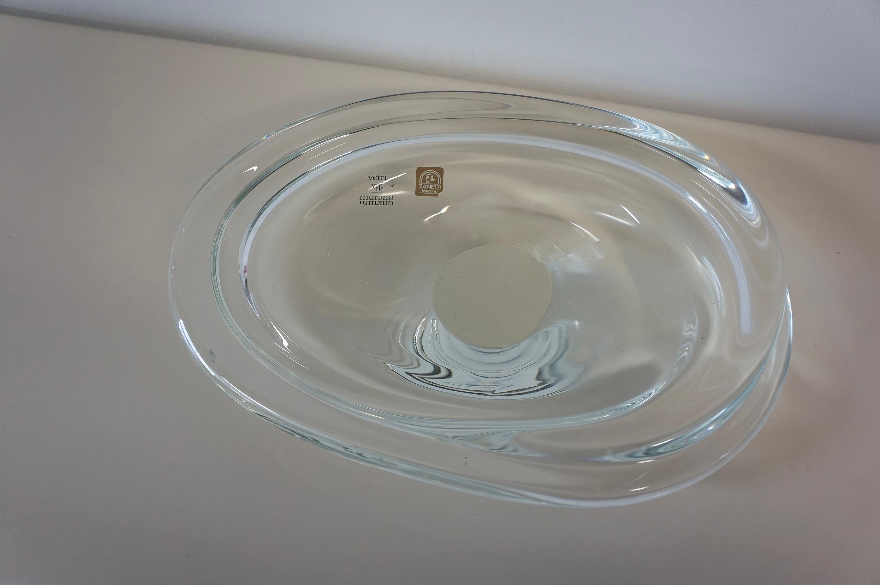 Hand-Crafted Transparent Clear Murano Art Glass Large Bowl Dish by Zanetti Murano Signed For Sale