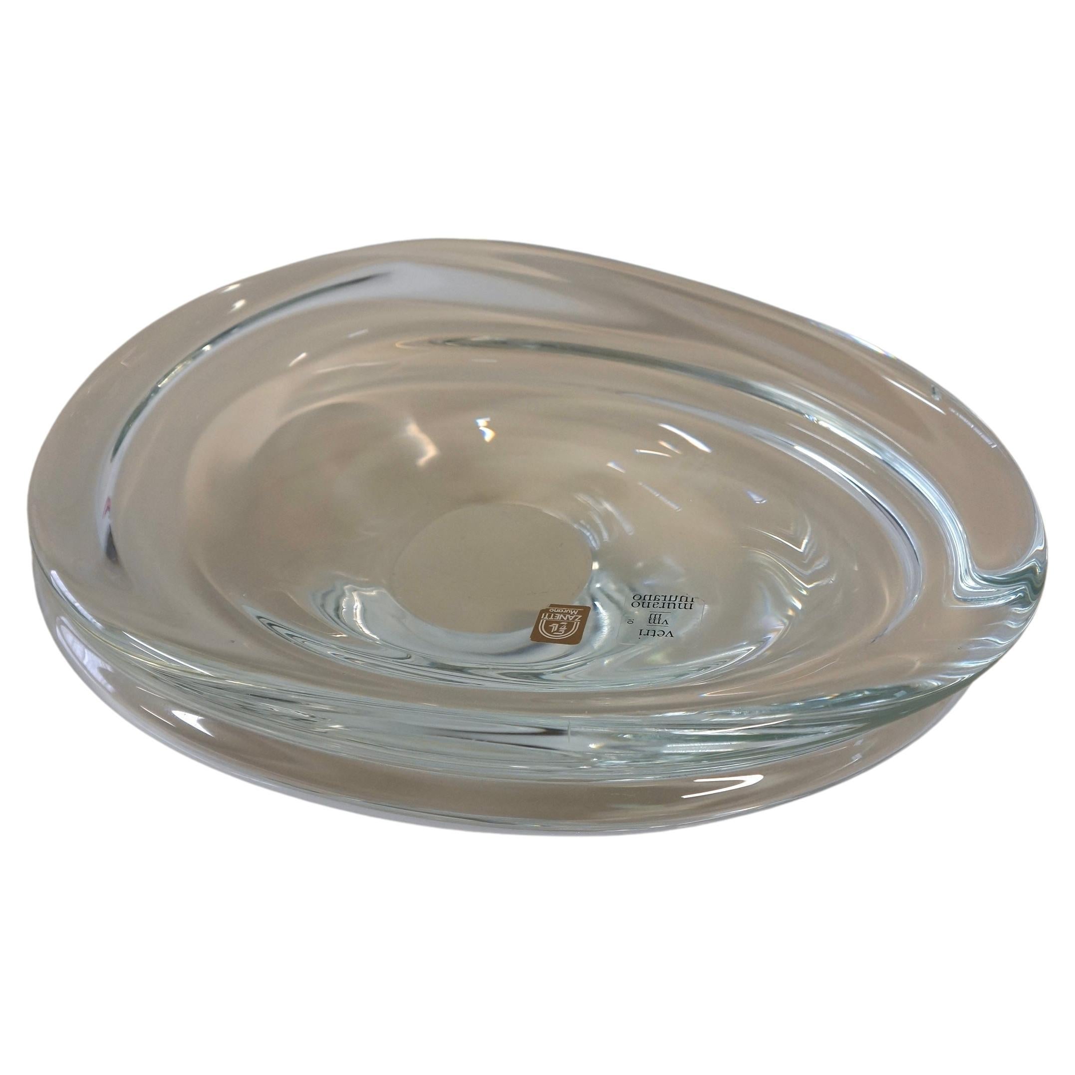 Transparent Clear Murano Art Glass Large Bowl Dish by Zanetti Murano Signed For Sale