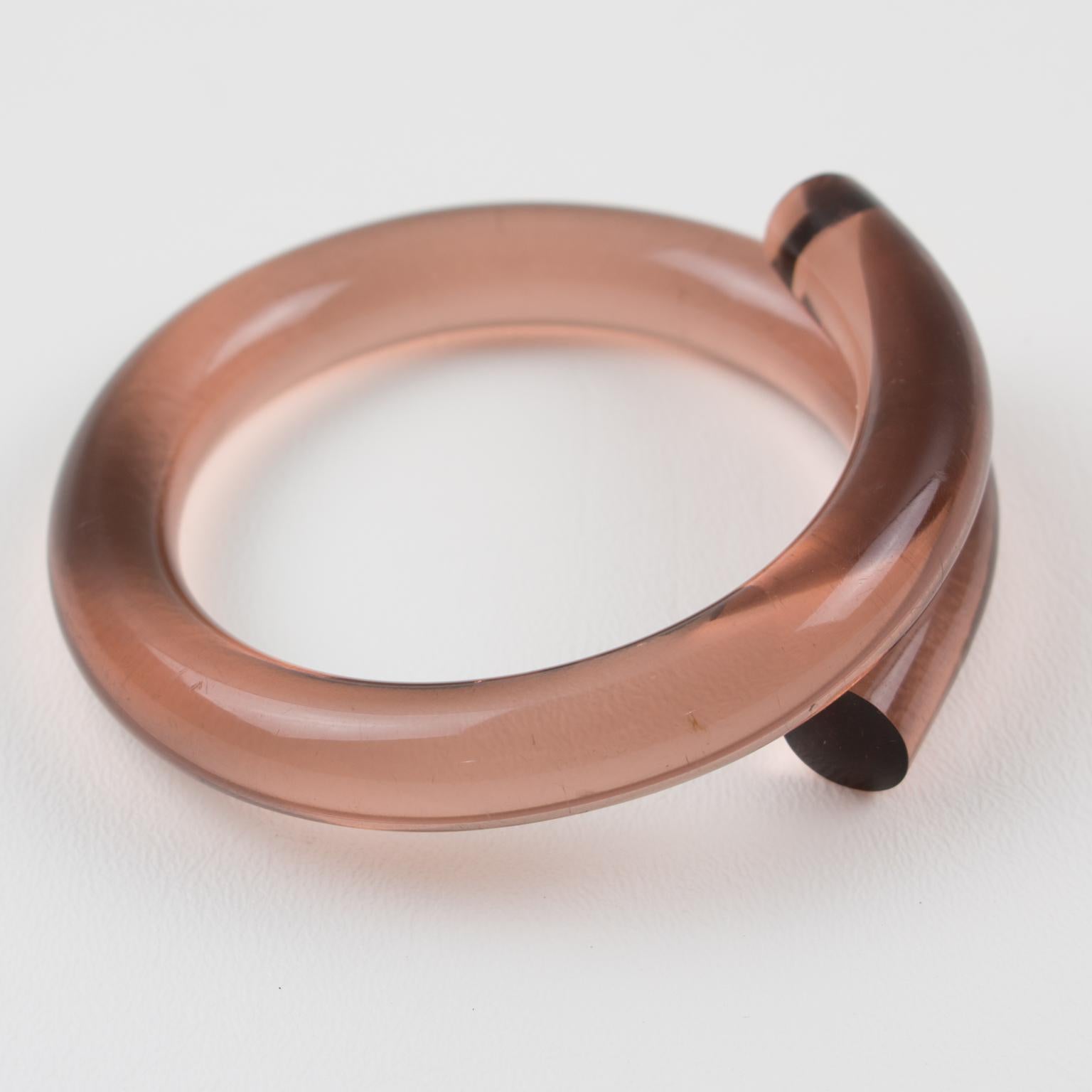 Transparent Copper Pink Lucite Coiled Bracelet Bangle In Excellent Condition For Sale In Atlanta, GA