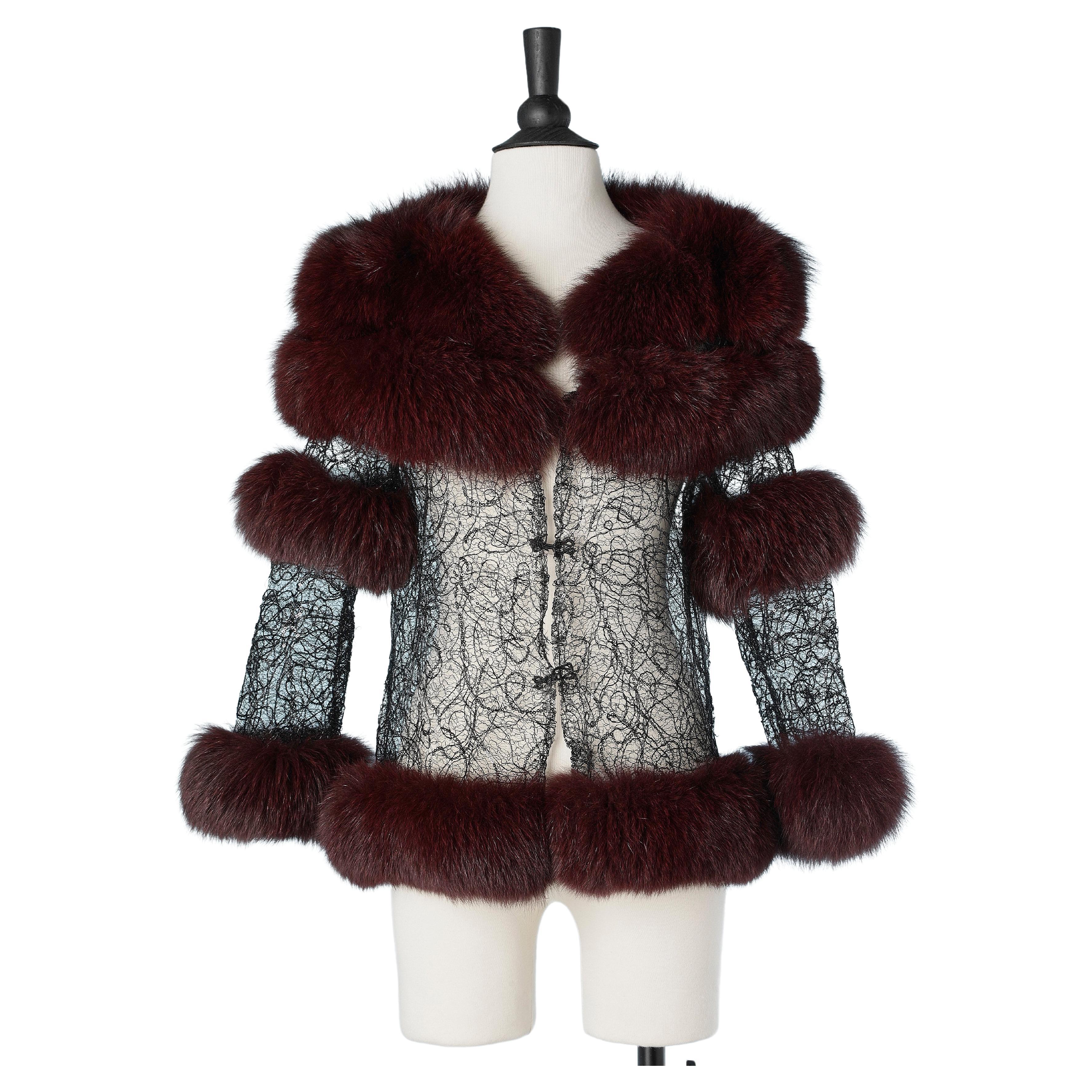 Transparent evening jacket in black guipure and sequin with burgundy furs edge  For Sale
