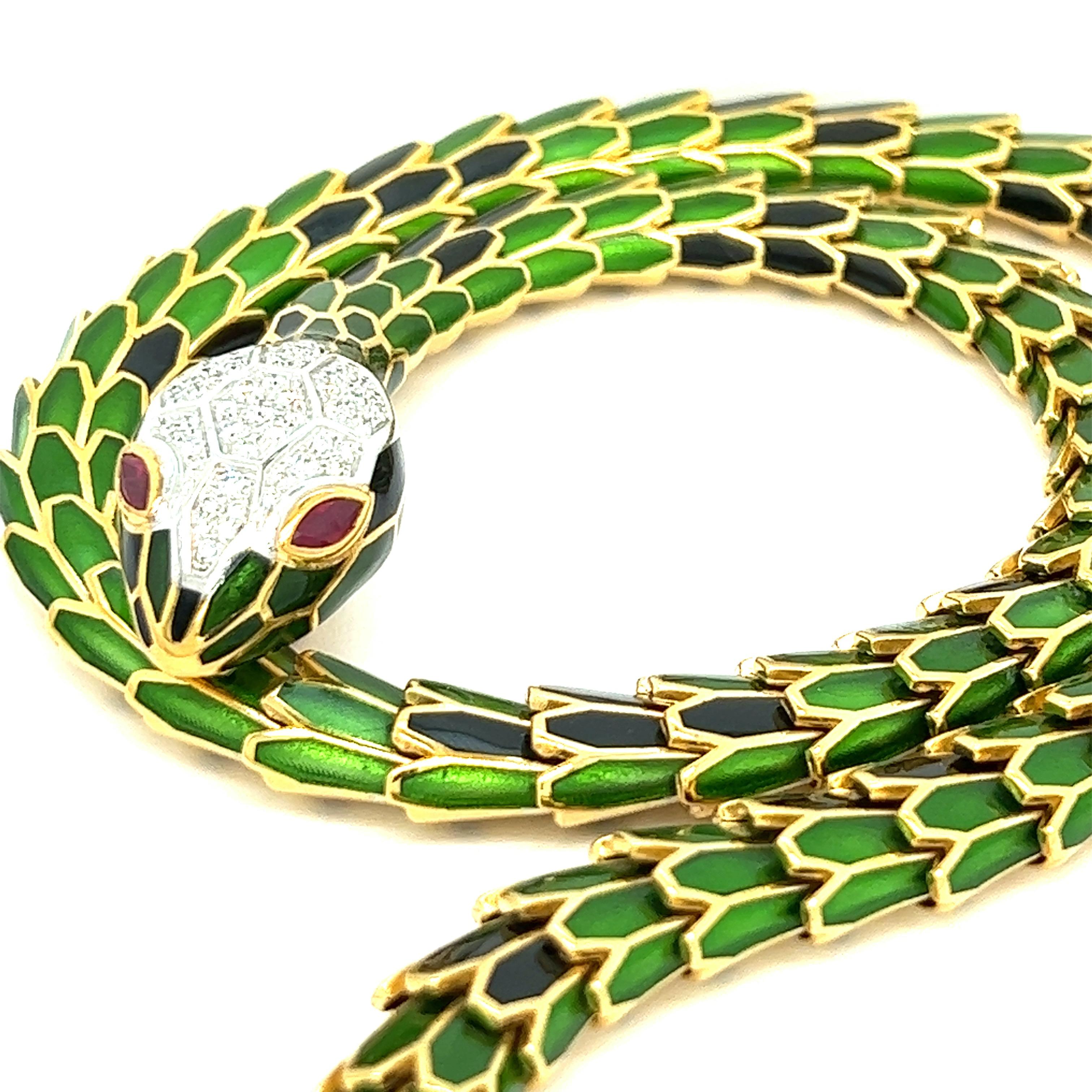 Contemporary Transparent Green & Black Enamel Snake Necklace For Sale
