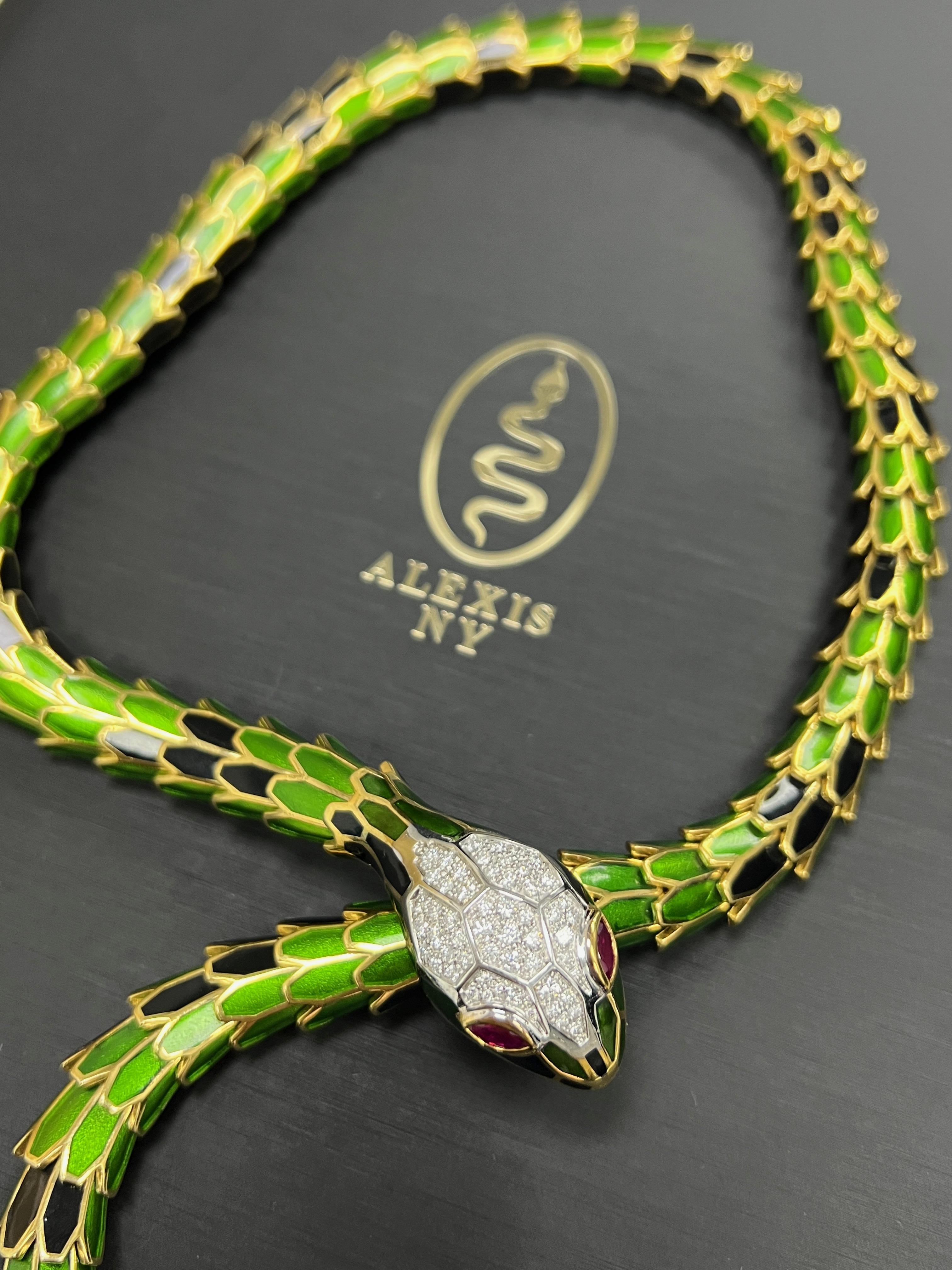 Transparent Green & Black Enamel Snake Necklace For Sale 1