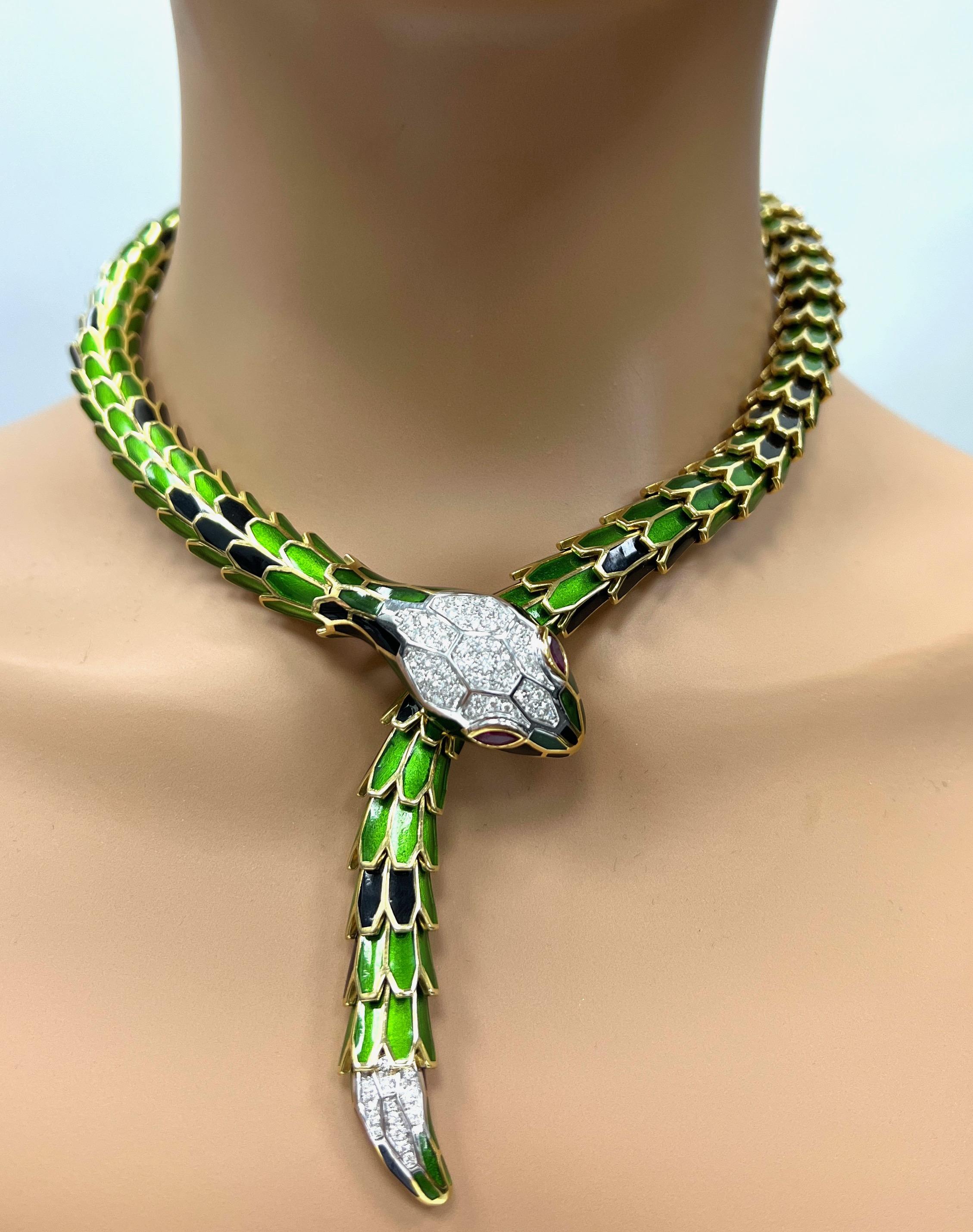 Transparent Green & Black Enamel Snake Necklace For Sale 3