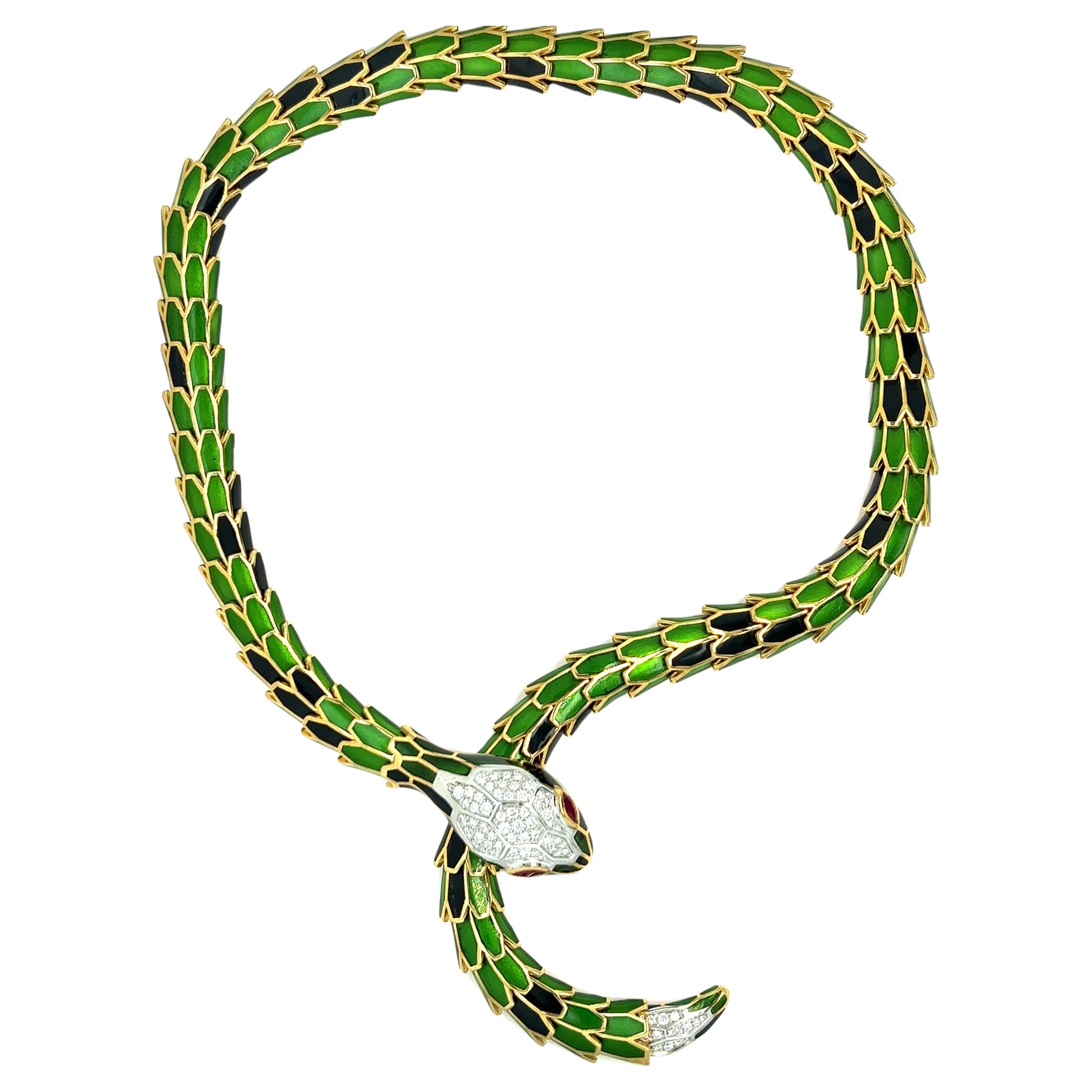 Transparent Green & Black Enamel Snake Necklace For Sale