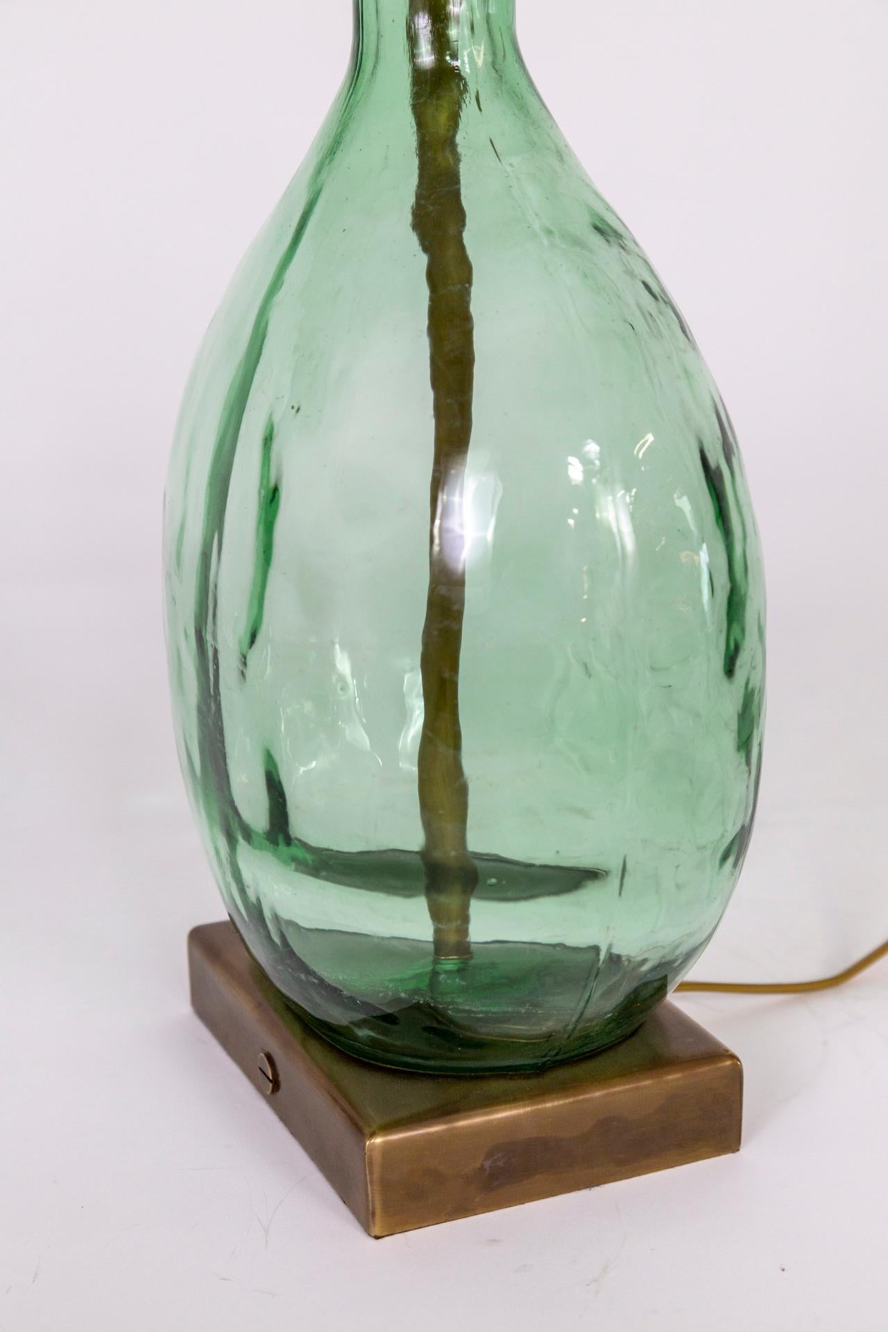 20th Century Transparent Green Glass Bottle Table Lamp For Sale