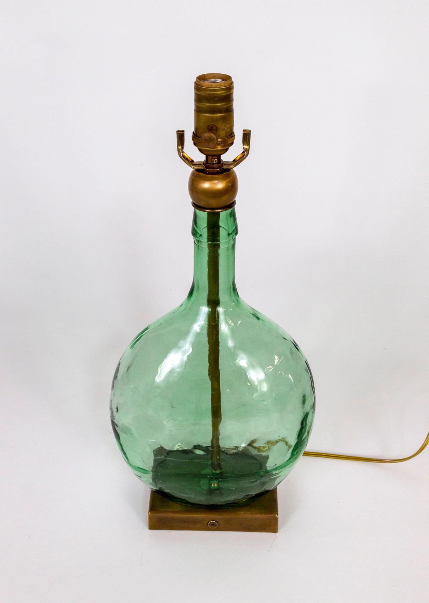 Brass Transparent Green Glass Bottle Table Lamp For Sale