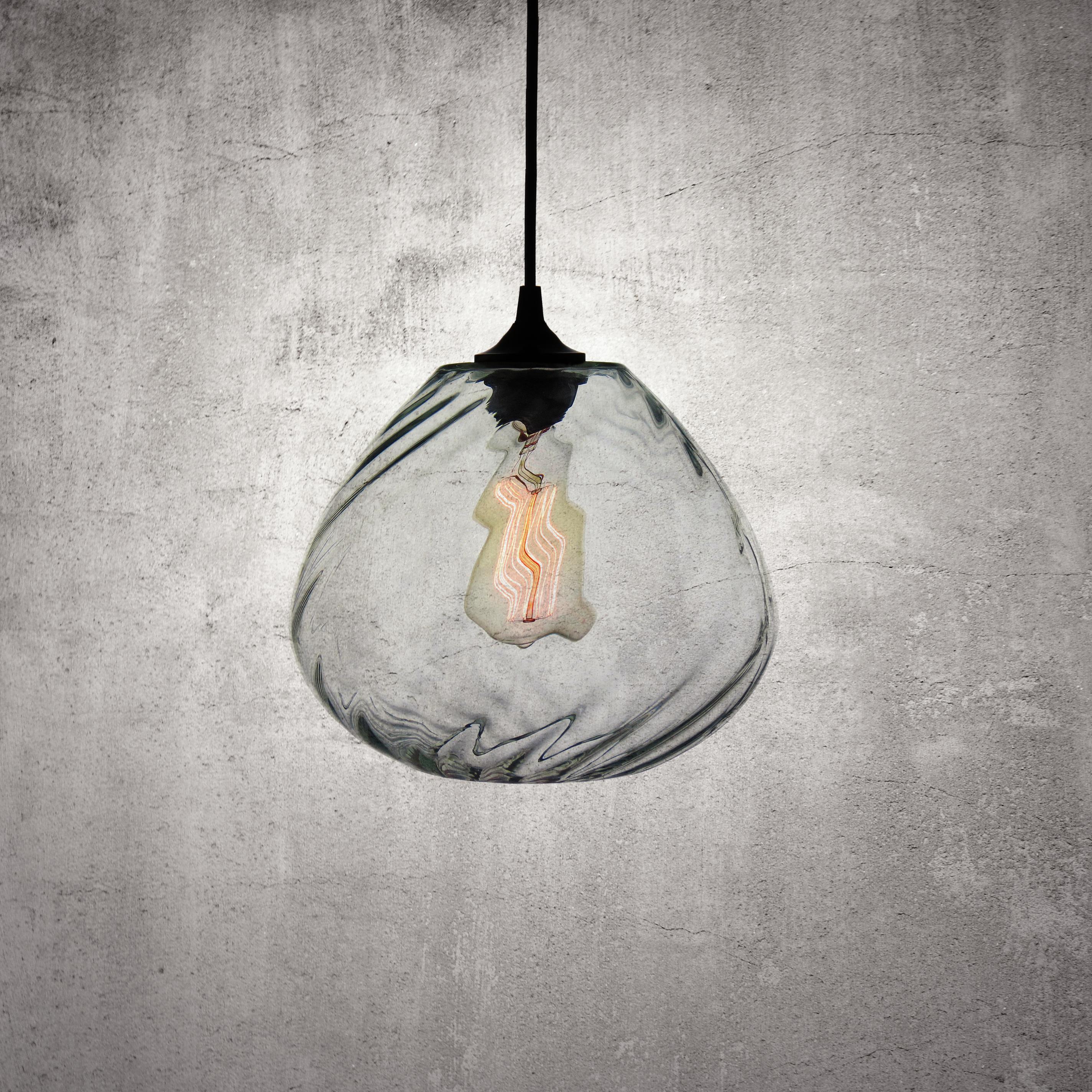 Modern Transparent Hand Blown Glass Architectural Pendant Lamp with Optical Effect For Sale