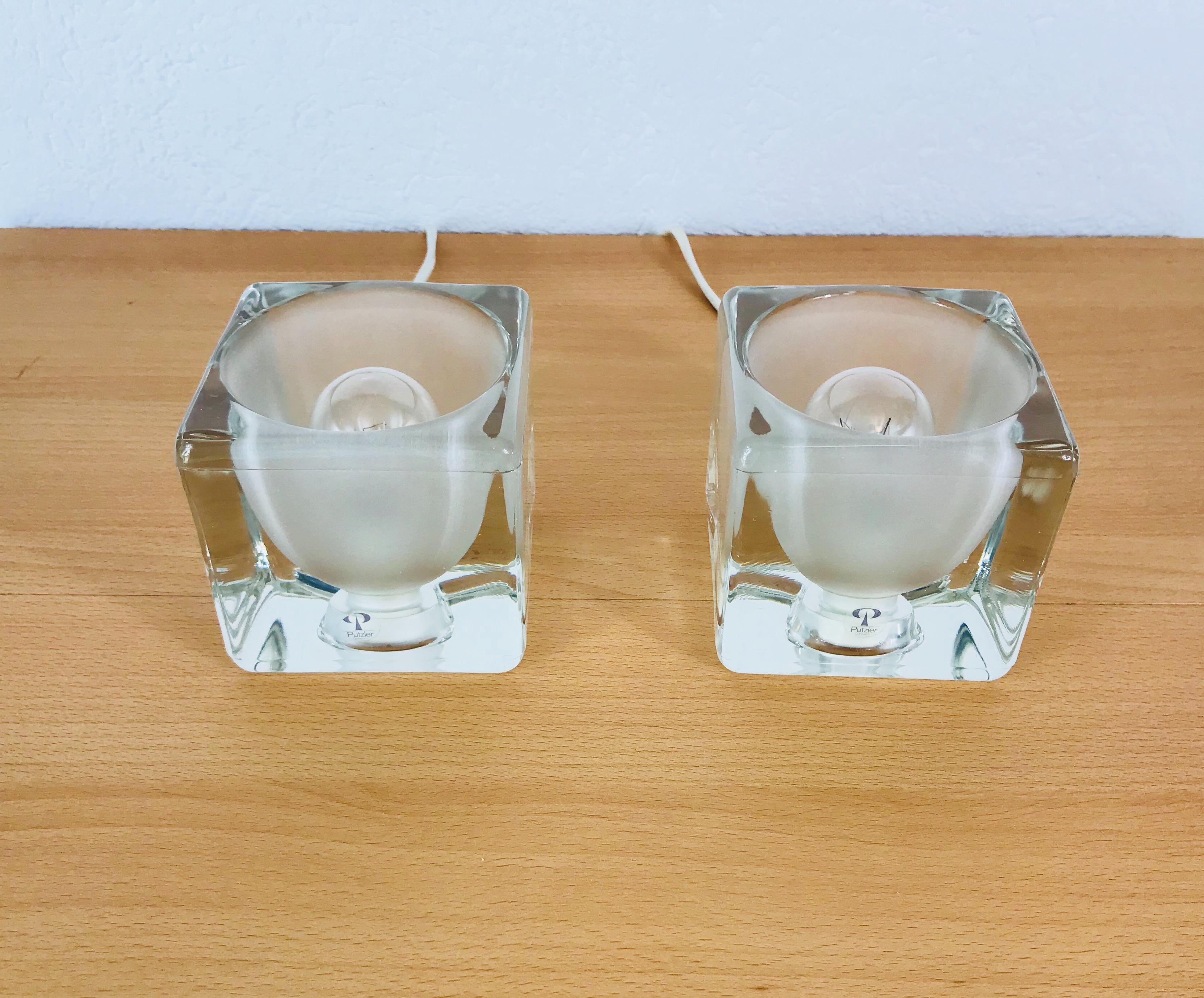 German Transparent Ice Glass Cube Table Lamps by Peill & Putzler, 1970s, Set