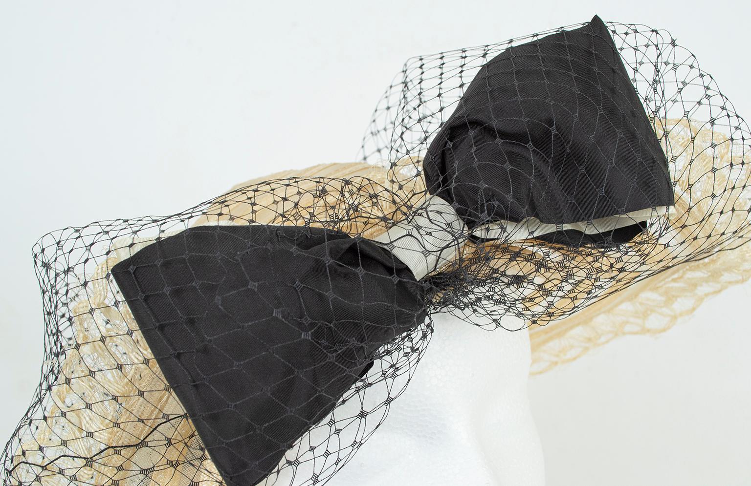 Transparent Ivory Ribbon and Mesh Gatsby Bonnet Hat w Caged Veil Bow – M, 1930s 3