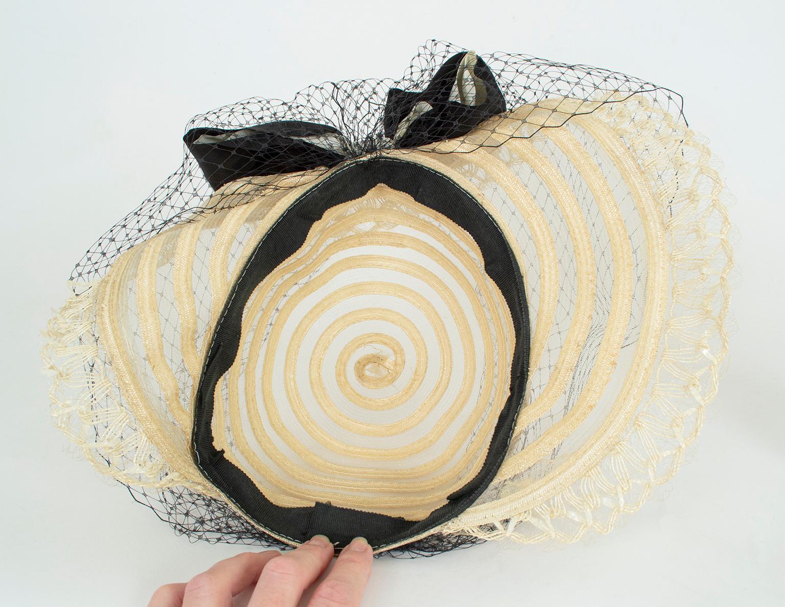 Transparent Ivory Ribbon and Mesh Gatsby Bonnet Hat w Caged Veil Bow – M, 1930s 5