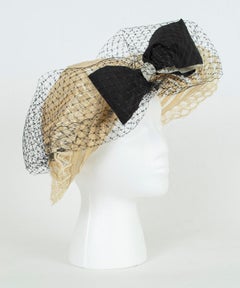 Transparent Ivory Ribbon and Mesh Gatsby Bonnet Hat w Caged Veil Bow – M, 1930s