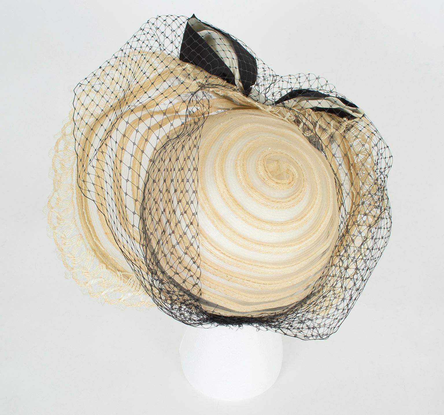 Beige Transparent Ivory Ribbon and Mesh Gatsby Bonnet Hat w Caged Veil Bow – M, 1930s