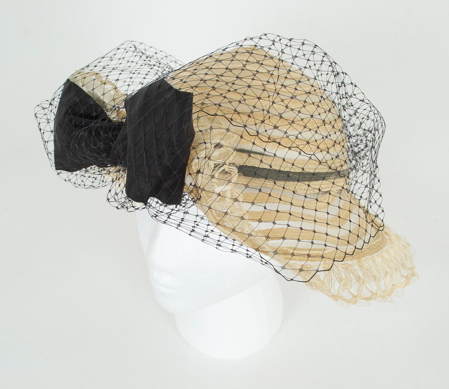 Transparent Ivory Ribbon and Mesh Gatsby Bonnet Hat w Caged Veil Bow – M, 1930s In Good Condition In Tucson, AZ