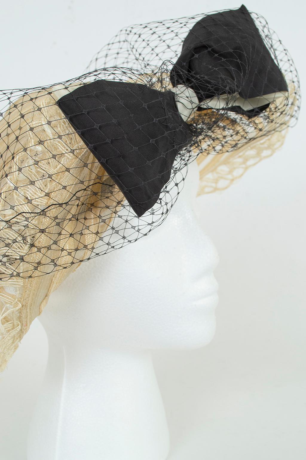 Women's Transparent Ivory Ribbon and Mesh Gatsby Bonnet Hat w Caged Veil Bow – M, 1930s