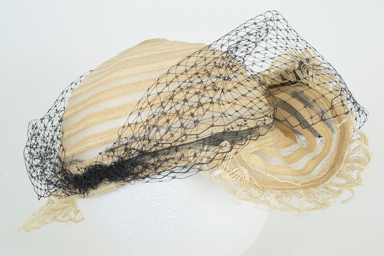 Transparent Ivory Ribbon and Mesh Gatsby Bonnet Hat w Caged Veil Bow – M, 1930s 1